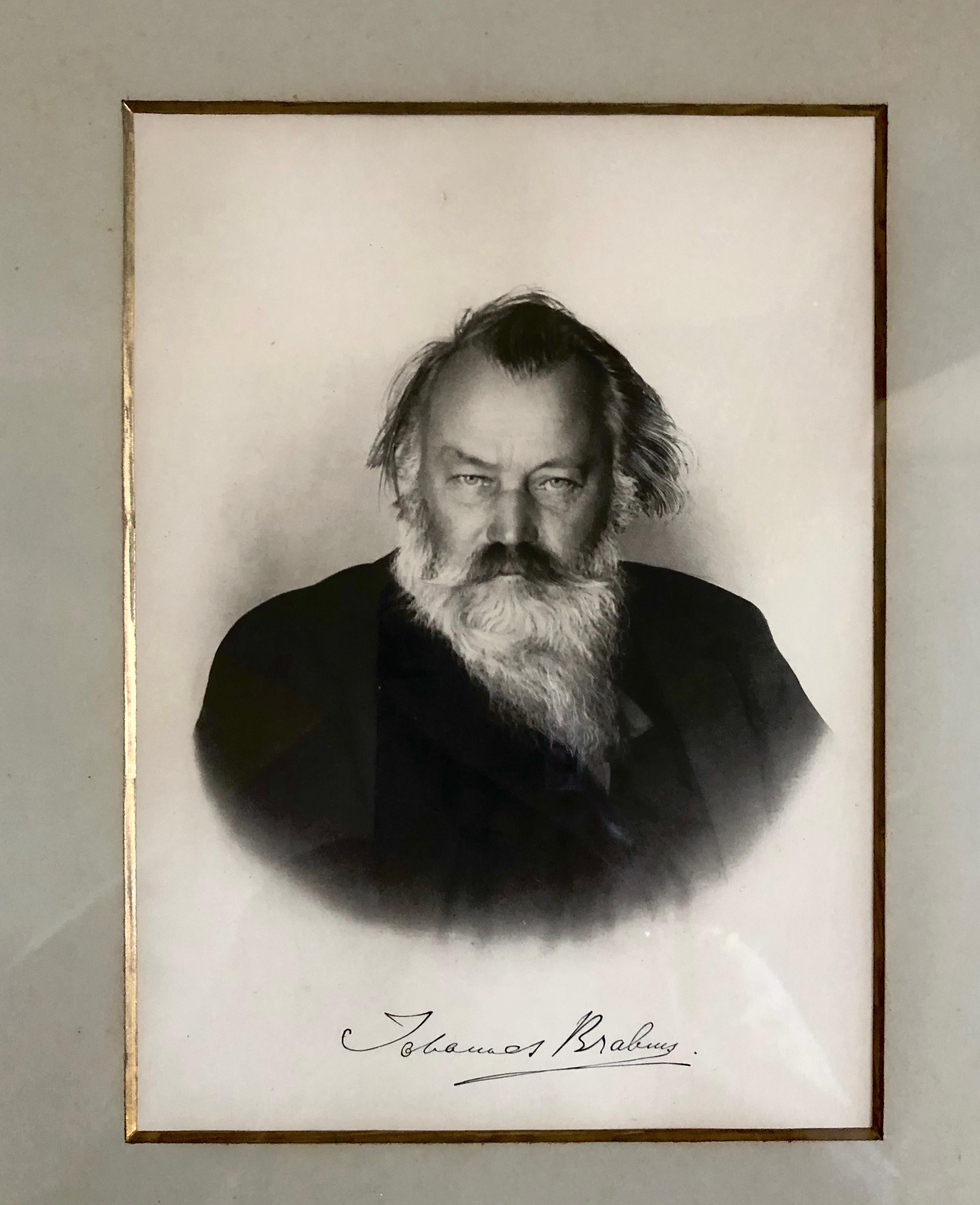 Johannes Brahms autographed hand signed in ink engraving etching 1885 with original cardboard to back of frame.
Johannes Brahms
German composer and pianist, 1833-1897

