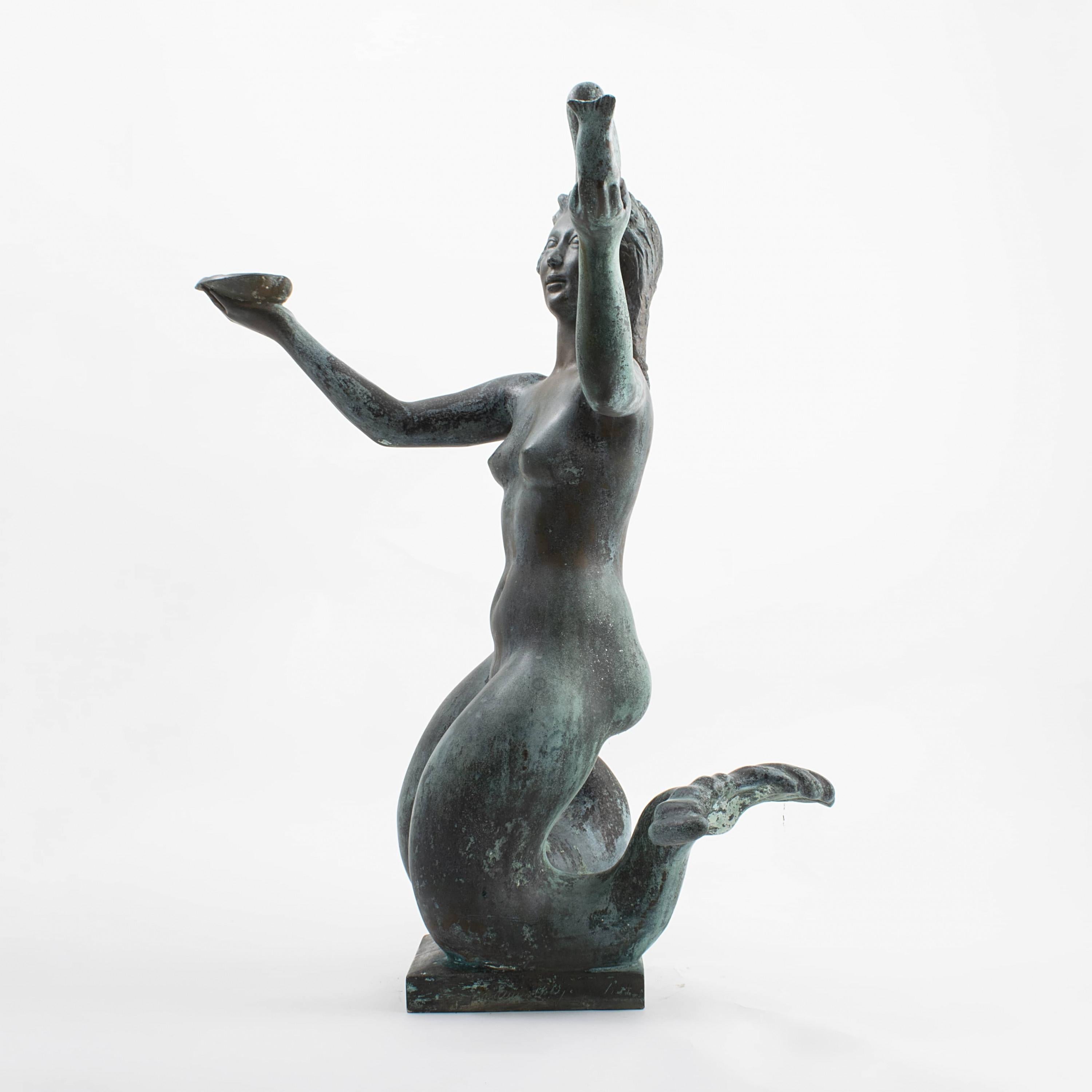 Danish Johannes C. Bjerg, Bronze Sculpture Mermaid Fountain, Signed & Dated 1934