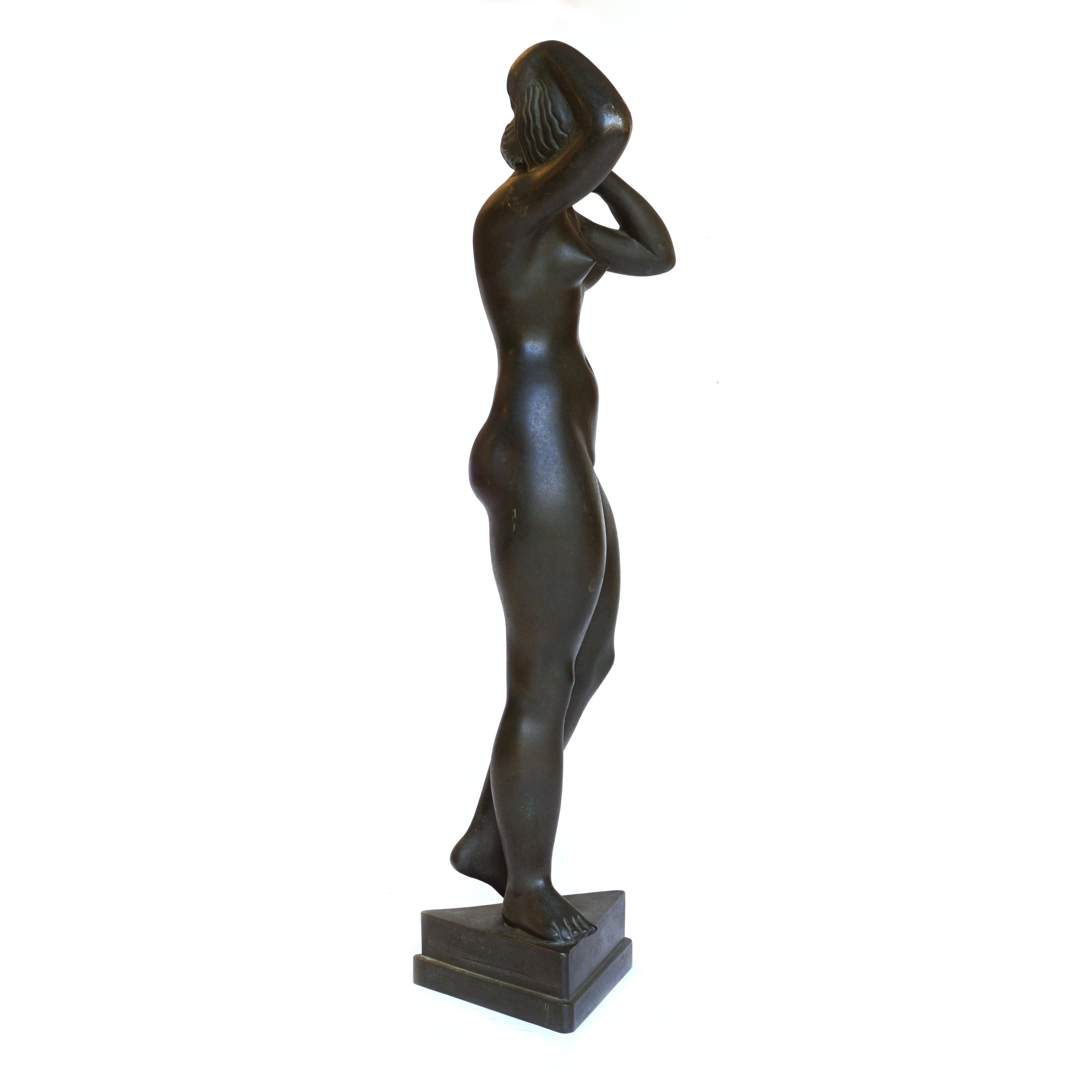 Johannes C. Bjerg, 1886-1955, leading Danish modern sculptor
Standing woman bronze statuette designed 1916
The statuette is bought directly from the artist's descendants and has never been on the market before
Good condition. Small scratches.