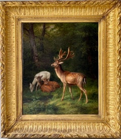 19th century Romantic painting Deer family in a forest - Romantic Landscape Doe