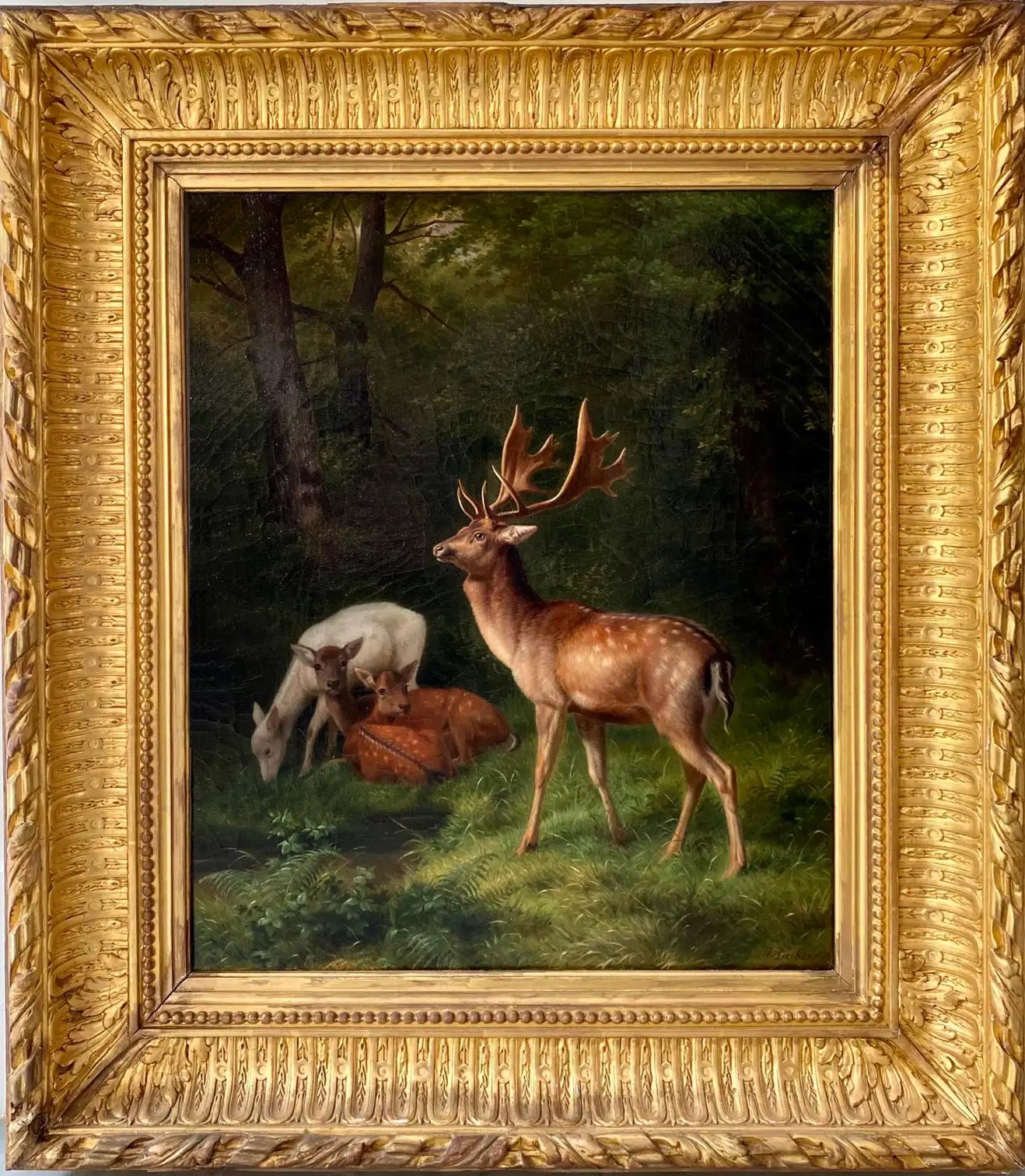 Johannes Christian Deiker Animal Painting - 19th century Romantic painting Deer family in a forest - Romantic Landscape Doe