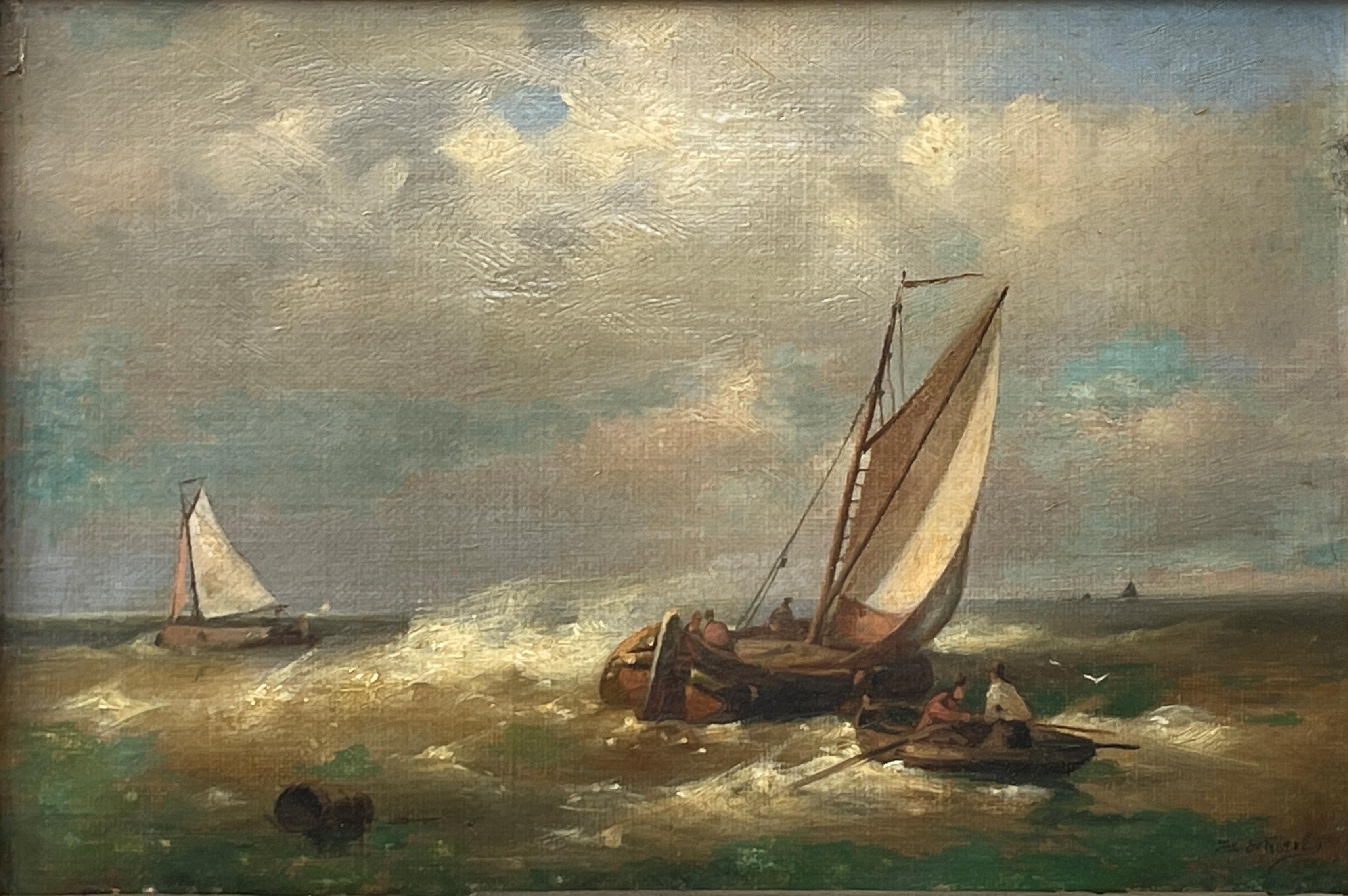 Landscape Painting Johannes Christianus Schotel - « Paysage marin sauvage » de Jan Christianus Schotel, peinture de bateau de marine néerlandaise