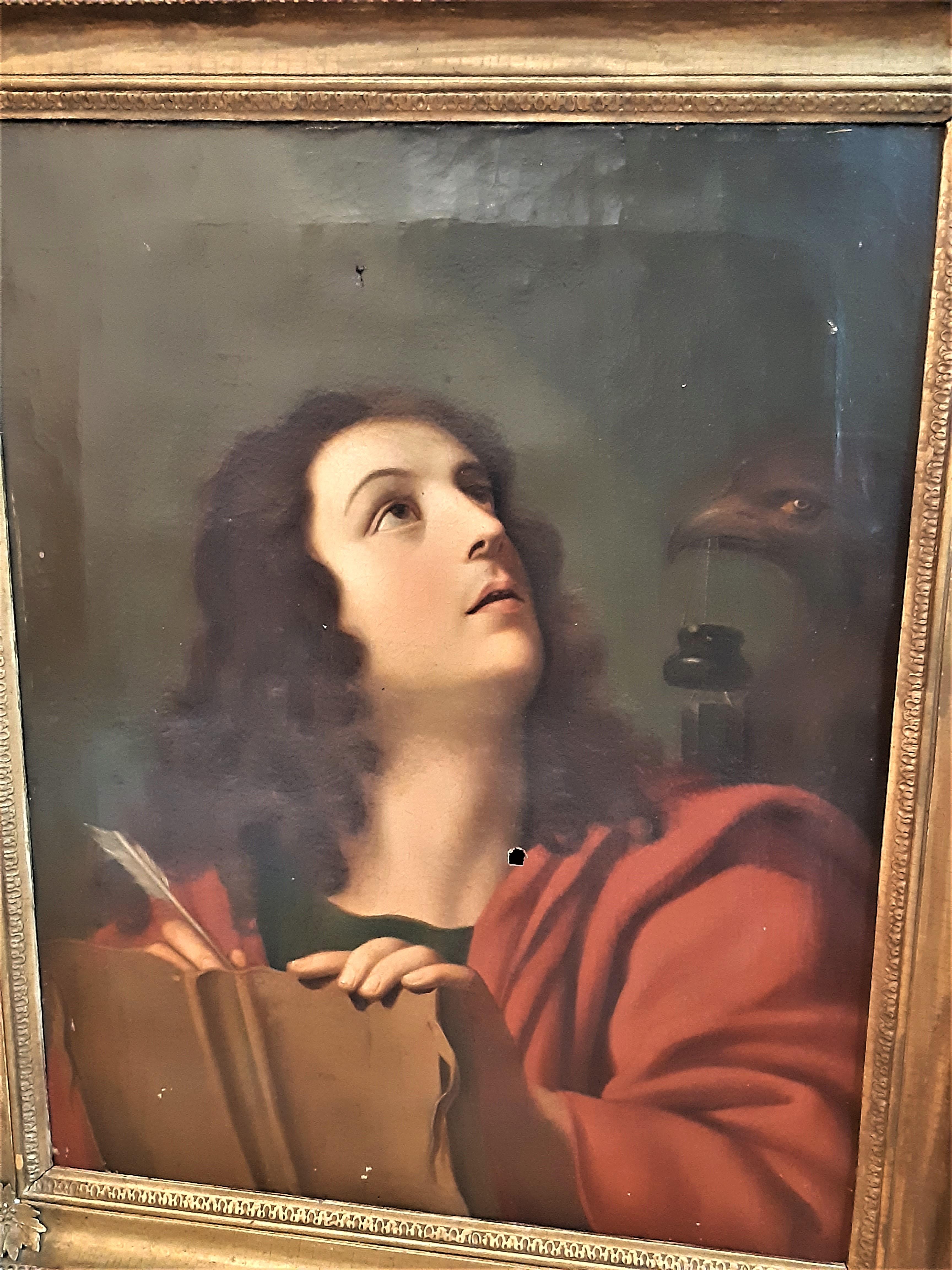 Darstellung des Heiligen Johannes des Evangelisten um 1620. Entsprechend der Ikonographie wird der Heilige mit einer Gänsefeder zwischen den Fingern, einem Buch und einem schwarzen Adler, einem der Tiere in Hesekiels Vision, dargestellt.

Öl auf