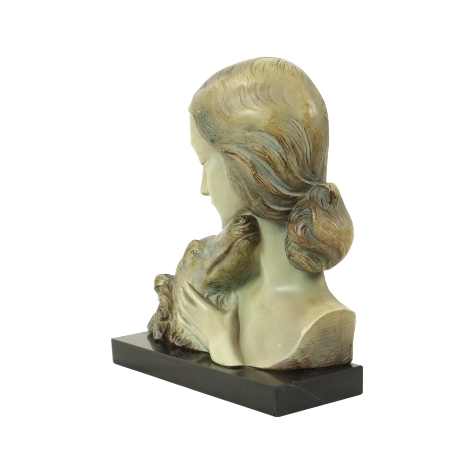 Johannes Dommisse Art Deco Ladies Bust with Hunting Dog In Good Condition In Poperinge, BE