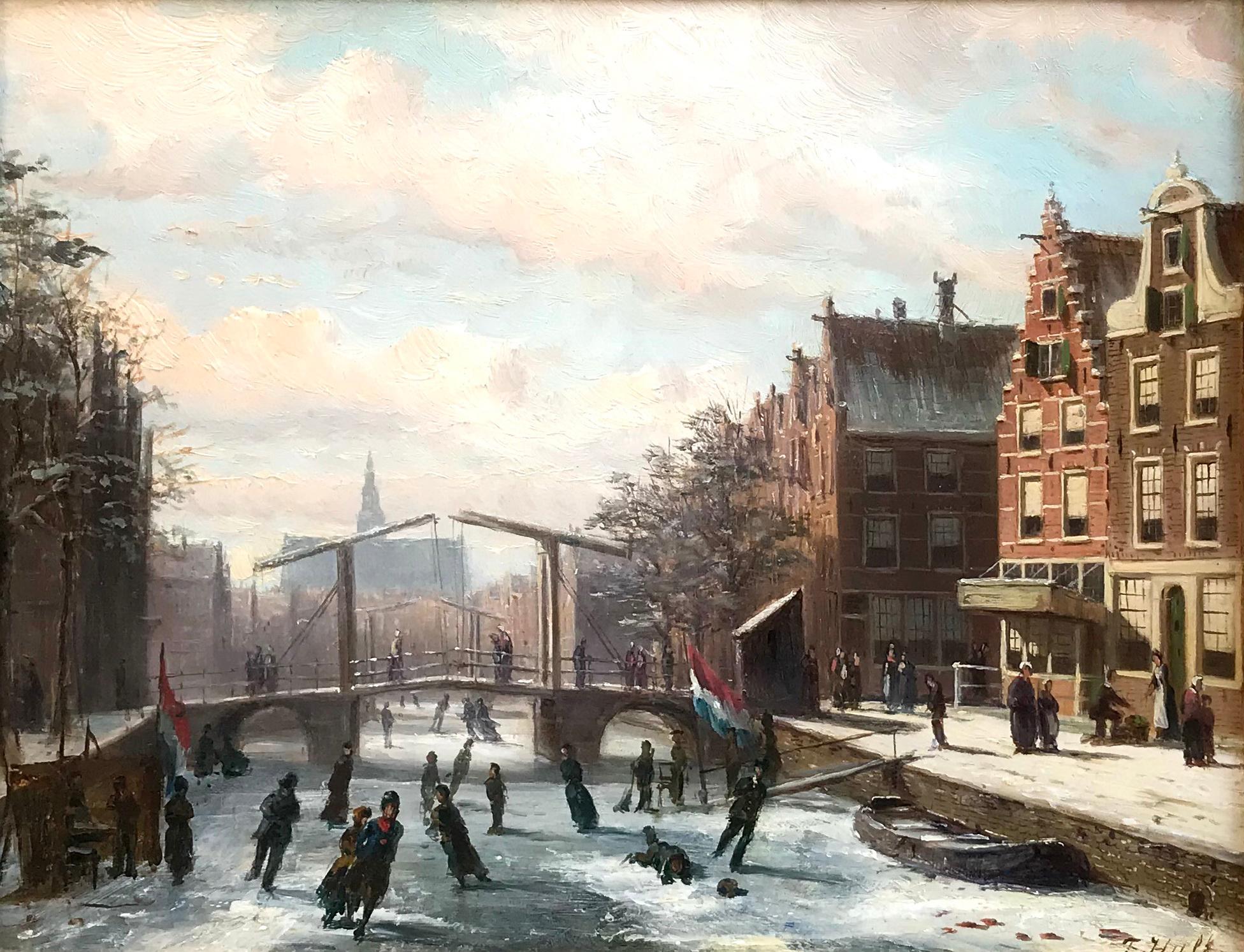 Skaters on a Frozen Canal, Oil on Panel Painitng - Painting by Johannes Frederick Hulk I