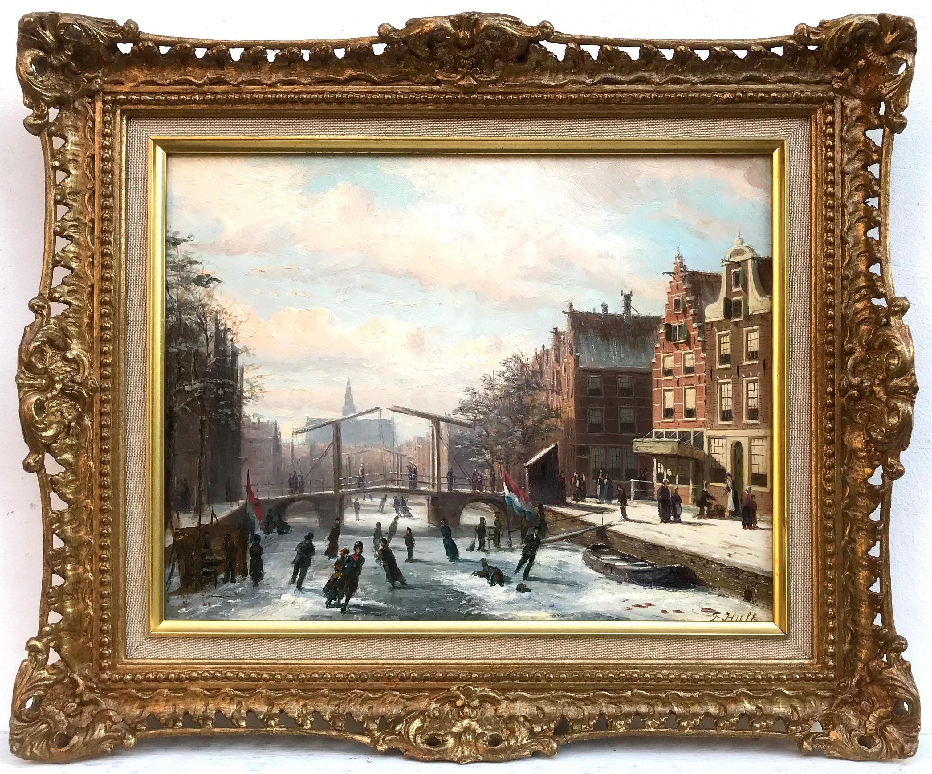 Johannes Frederick Hulk I Landscape Painting - Skaters on a Frozen Canal, Oil on Panel Painitng