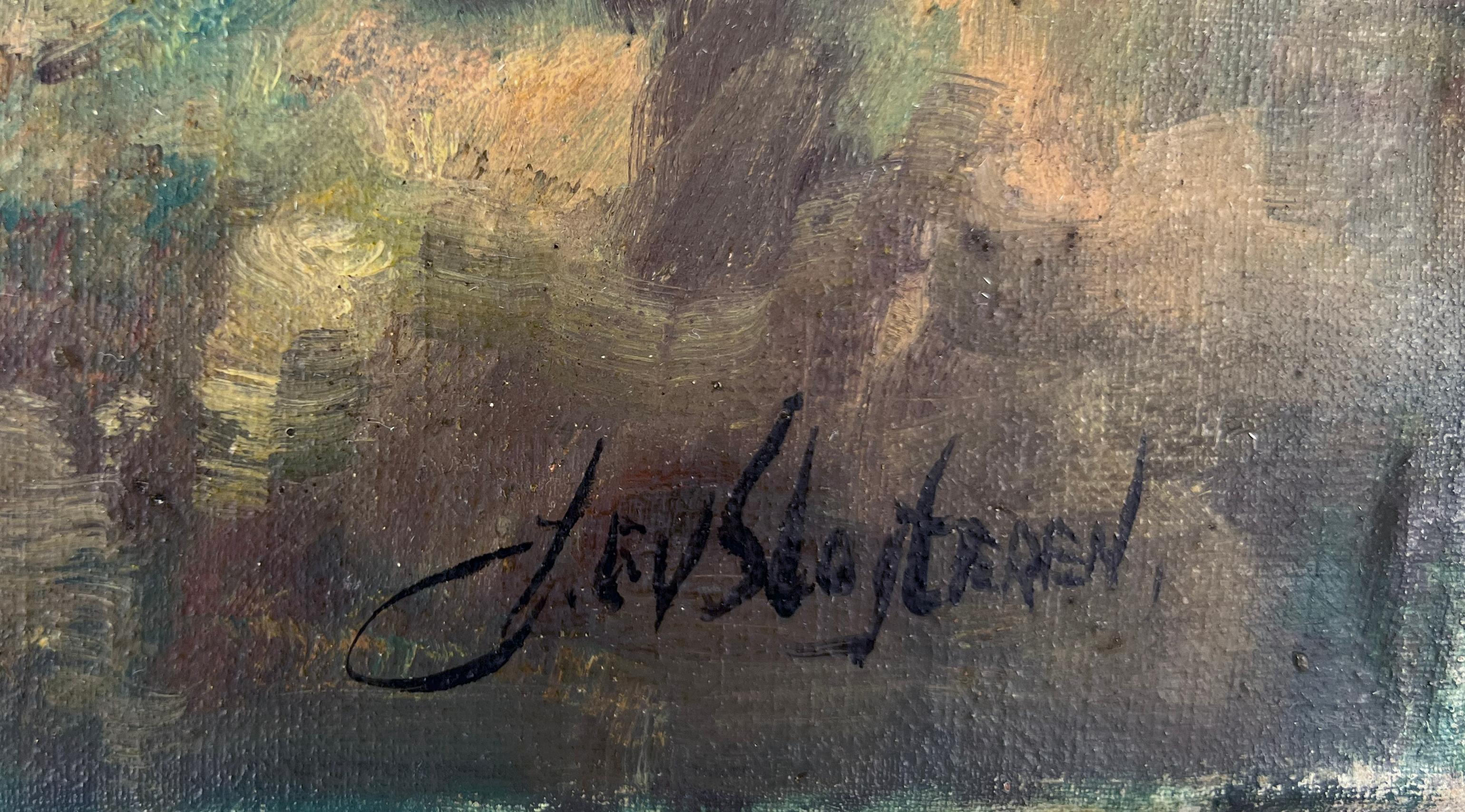 Idílica campiña holandesa en otoño Óleo original sobre lienzo - Landscape Painting Gris de Johannes Frederik van Slogteren