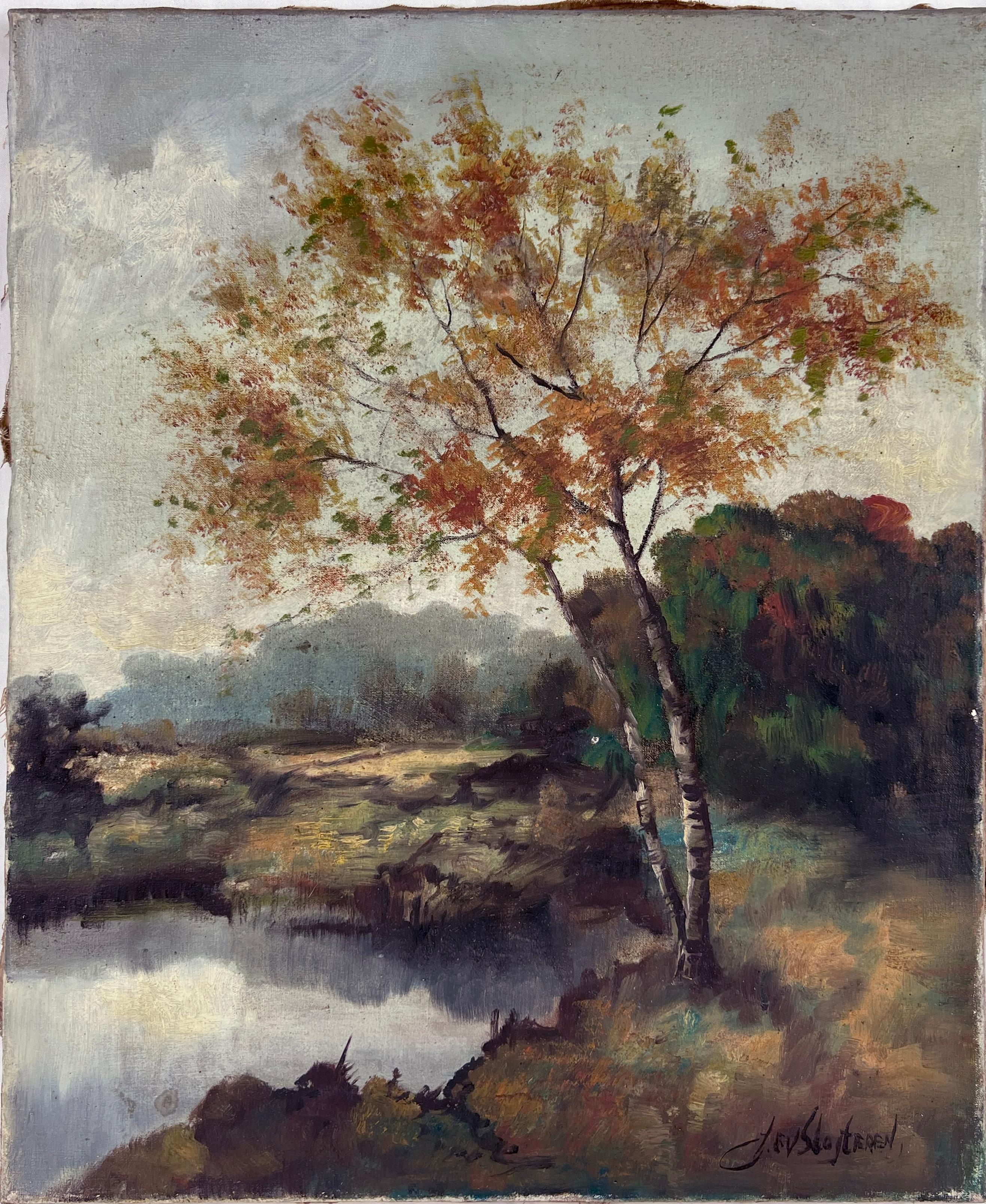 Landscape Painting de Johannes Frederik van Slogteren - Idílica campiña holandesa en otoño Óleo original sobre lienzo