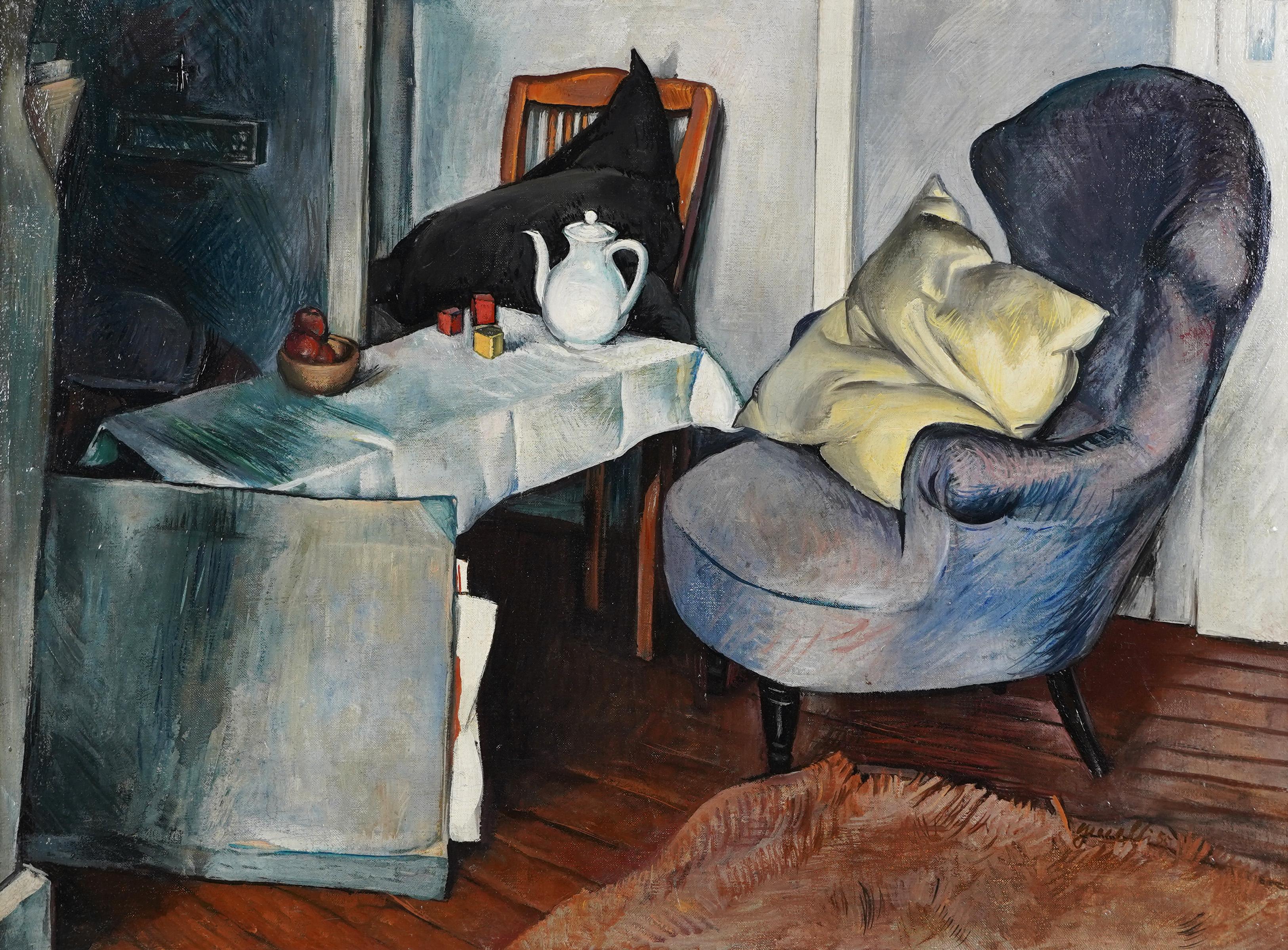 Pintura al óleo original firmada Mid Century Modern Sumptuous Interior Scene - Interior Painting Marrón de Johannes Gecelli