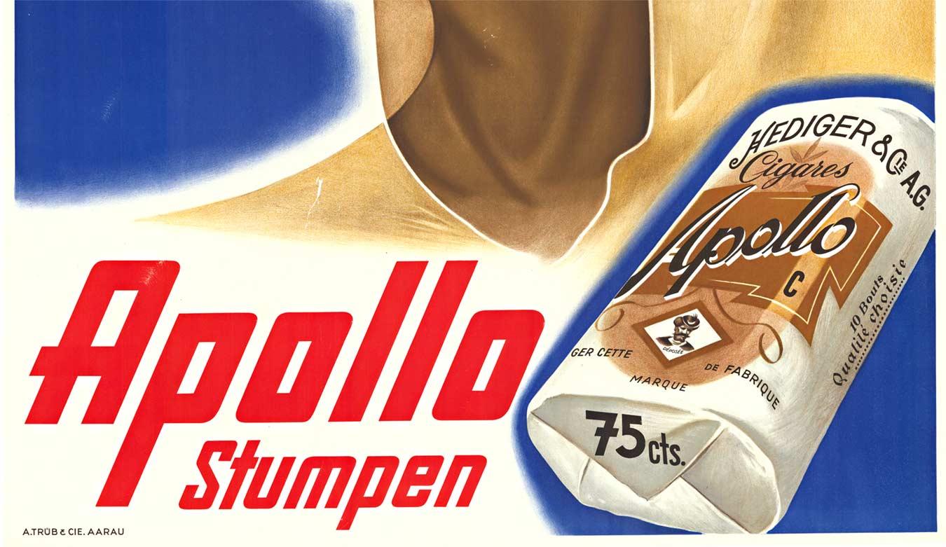 Vintage-Zigarrenplakat „Apollo Stumpen“ aus der Schweiz (Amerikanische Moderne), Print, von Johannes Handschin