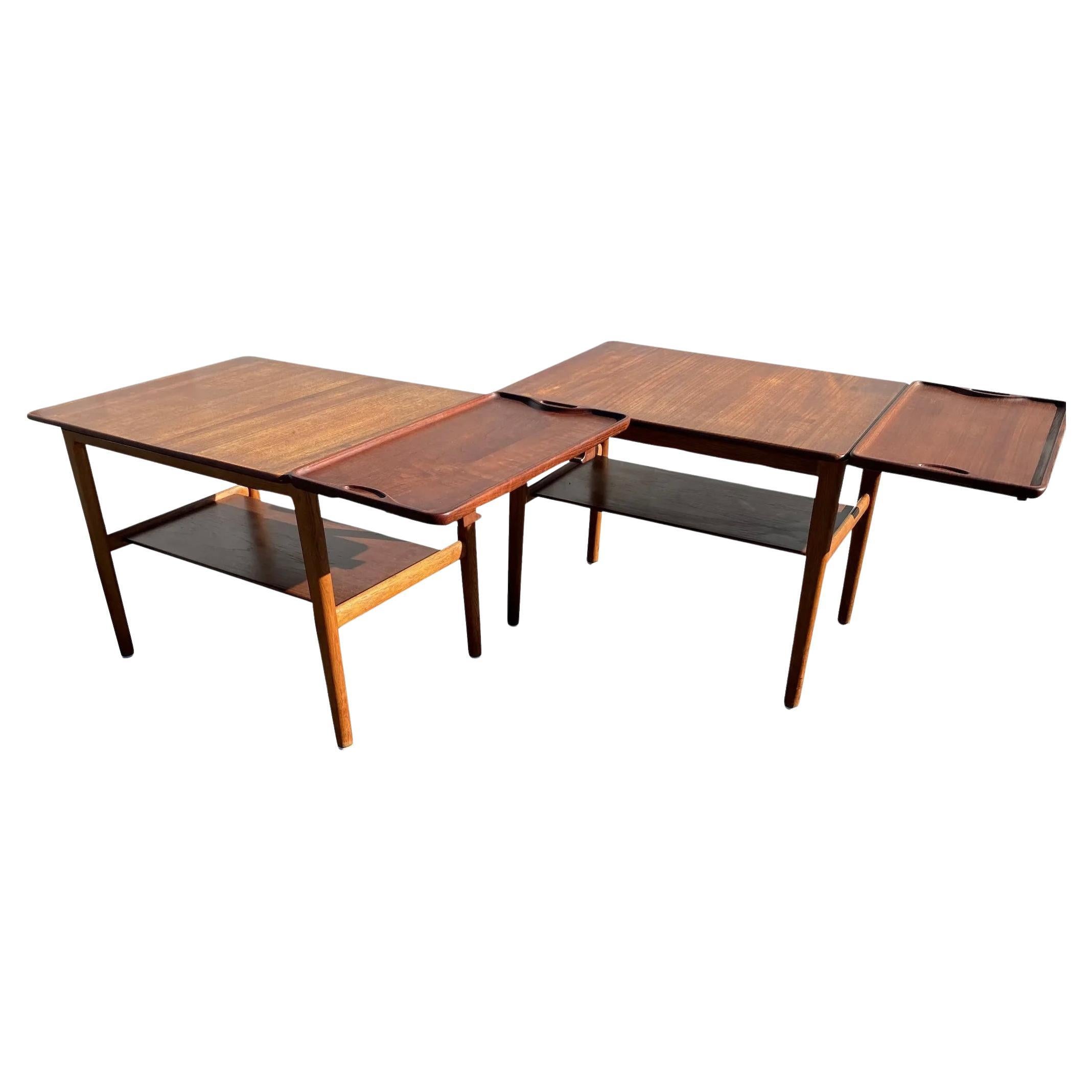 Johannes Hansen Hans Wegner Danish Modern Teak Tables with Trays For Sale