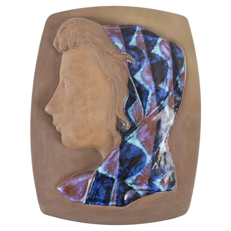 Johannes Hedegaard, "Girl With Scarf" Relief Plaque for Royal Copenhagen, 1960 For Sale