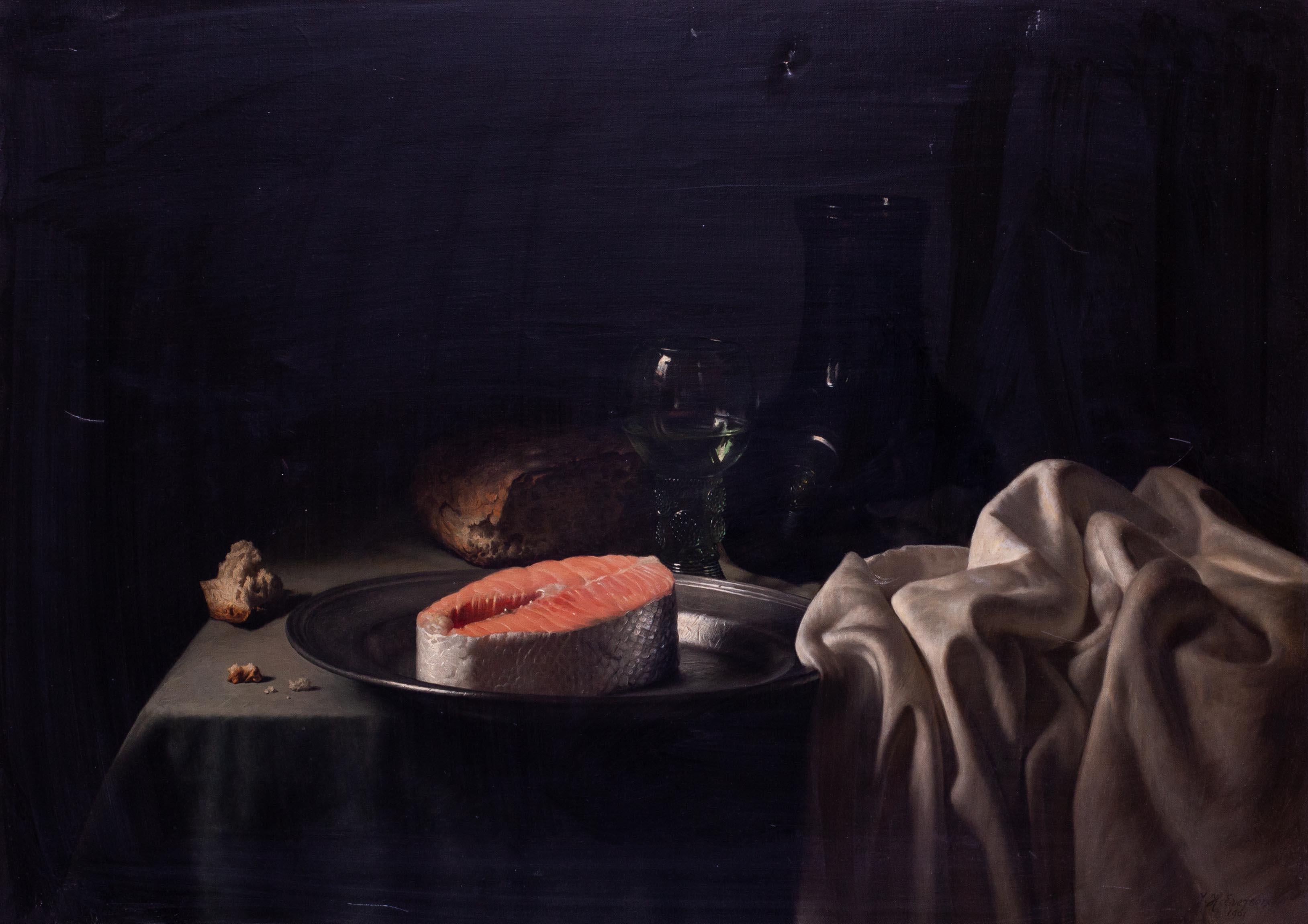 1961 oil painting by Dutch artist Eversen of still life of salmon, signed - Painting by Johannes Hendrik Eversen