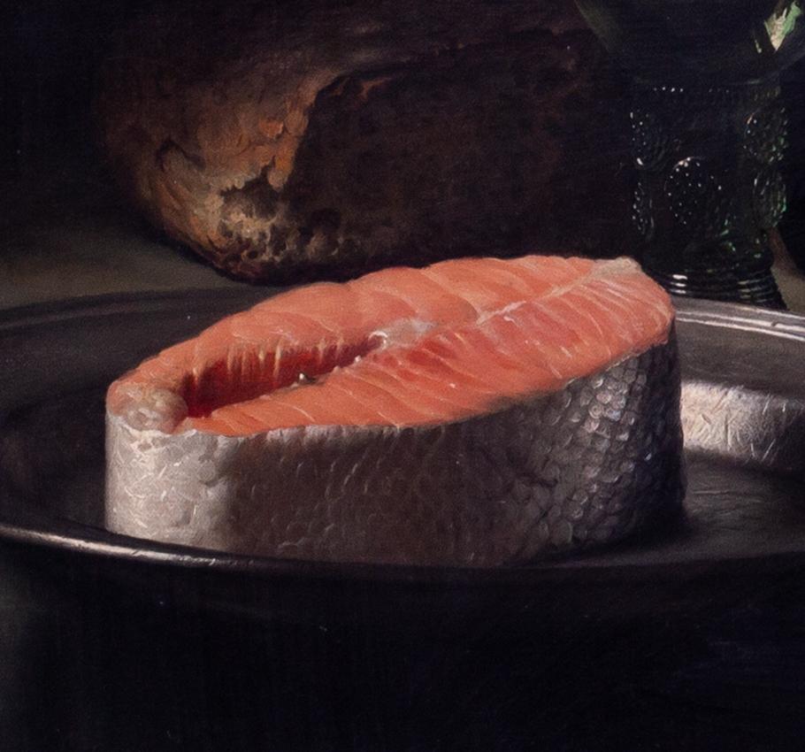 1961 oil painting by Dutch artist Eversen of still life of salmon, signed 1