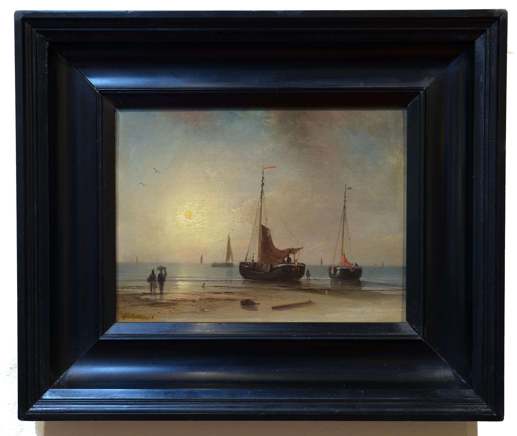 Am Ende des Tages, niederländische, romantische Schule, Leuchtende Hafens Hafenszene – Painting von Johannes Hilverdink