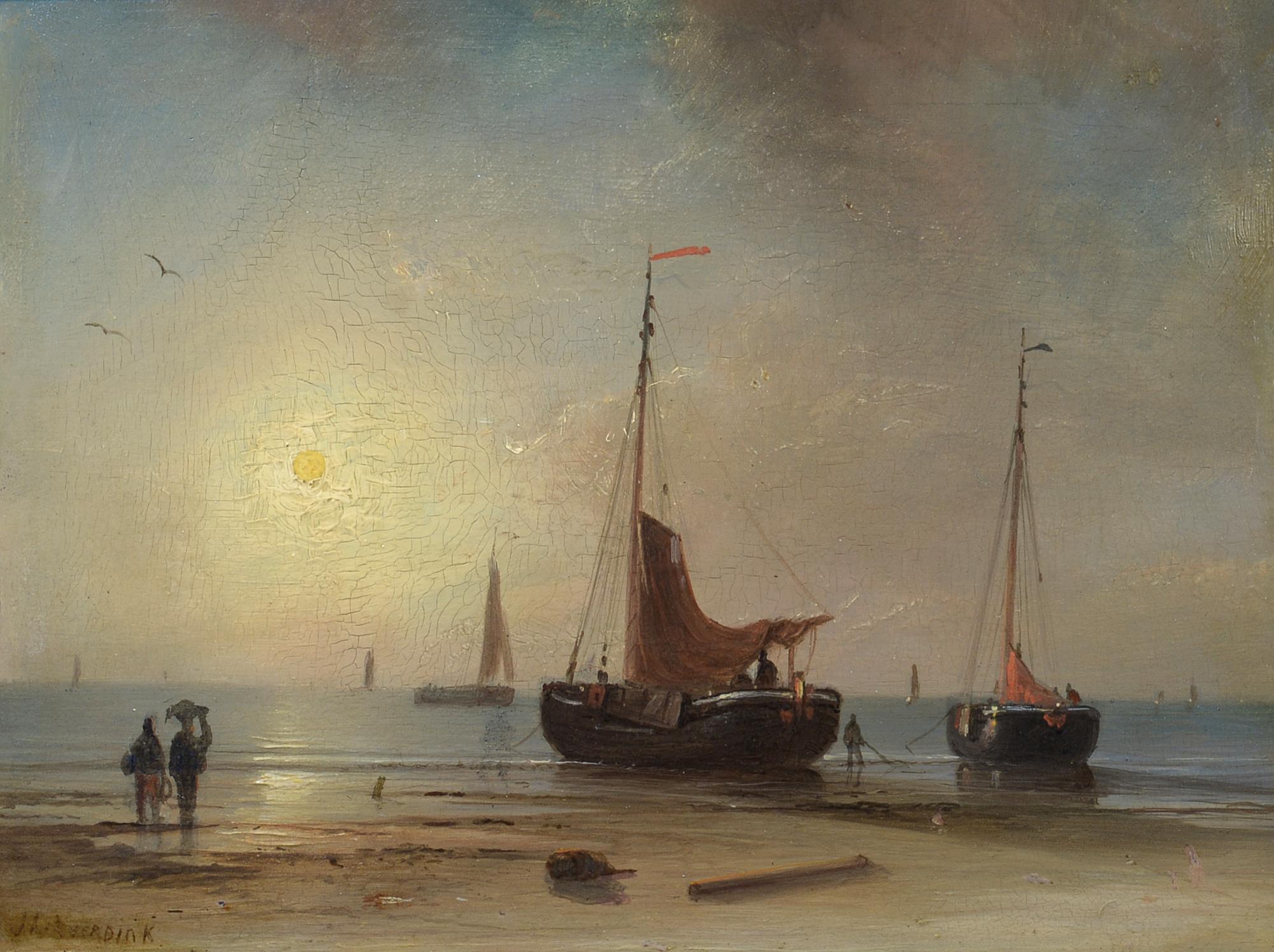 Johannes Hilverdink Landscape Painting – Am Ende des Tages, niederländische, romantische Schule, Leuchtende Hafens Hafenszene
