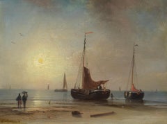Antique Day's End, Dutch, Romantic School, Luminous Harbor Scene