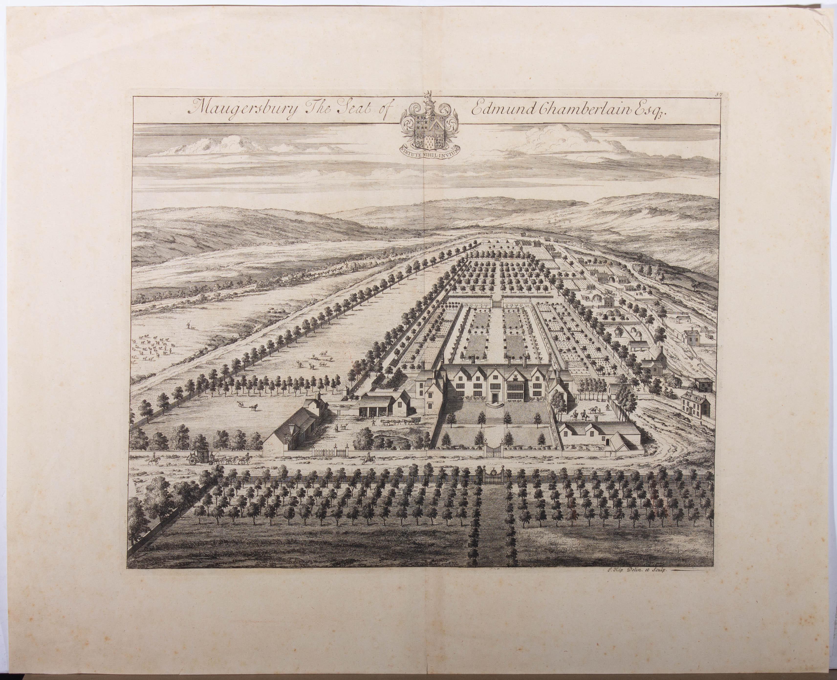 A topographical engraving of Maugersbury in Gloucestershire by Johannes 'Jan' Kip (c.1652-1722). From 'The Ancient and Present State of Gloucestershire 'by Sir Robert Atkyns, published in 1712 and reprinted in 1768. Numbered 37 in plate to the
