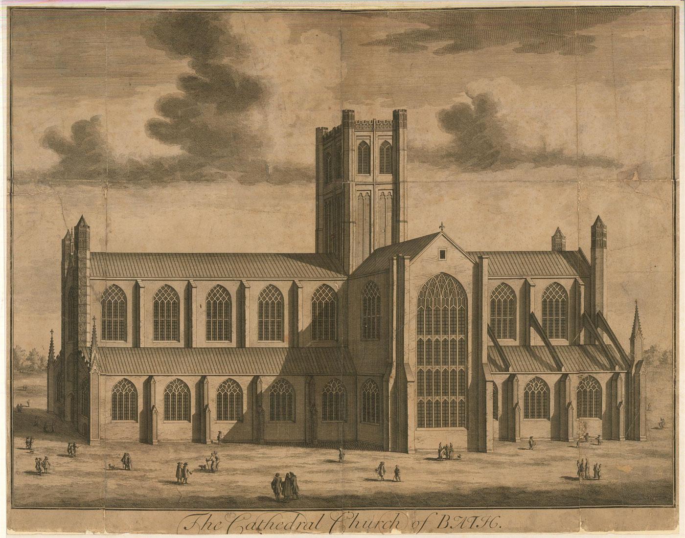 A fine 18th-century view of Bath Abbey, engraved by Johannes 'Jan' Kip (c.1652-1722) for one of the most important English topographical publications of the 18th century, 'Britannia Illustrata' (1707-9). Inscribed with the title in plate to the