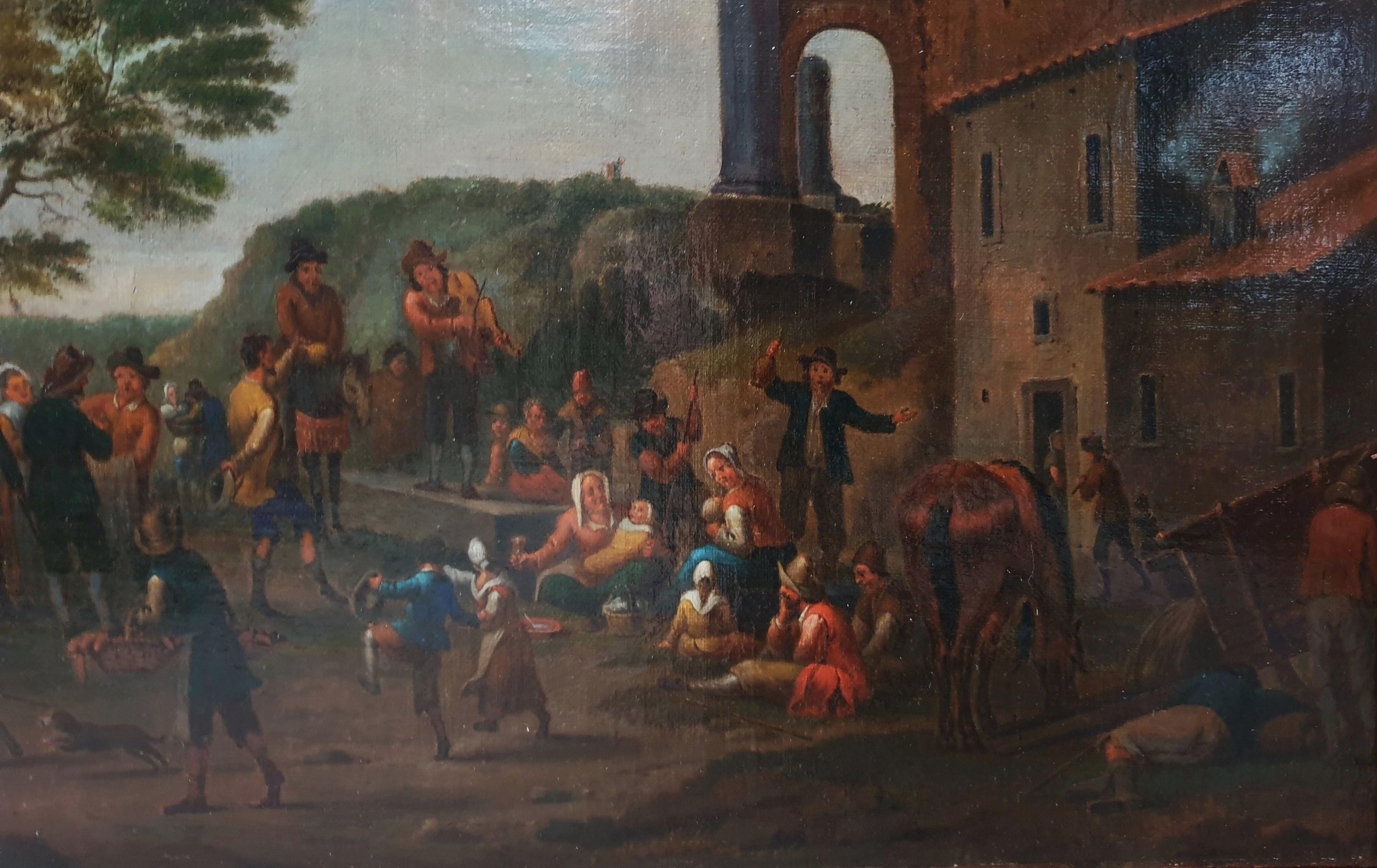 Dutch genre painting  18th JANSON Oil on canvas Village fair peasants Kermesse  - Dutch School Painting by Johannes JANSON