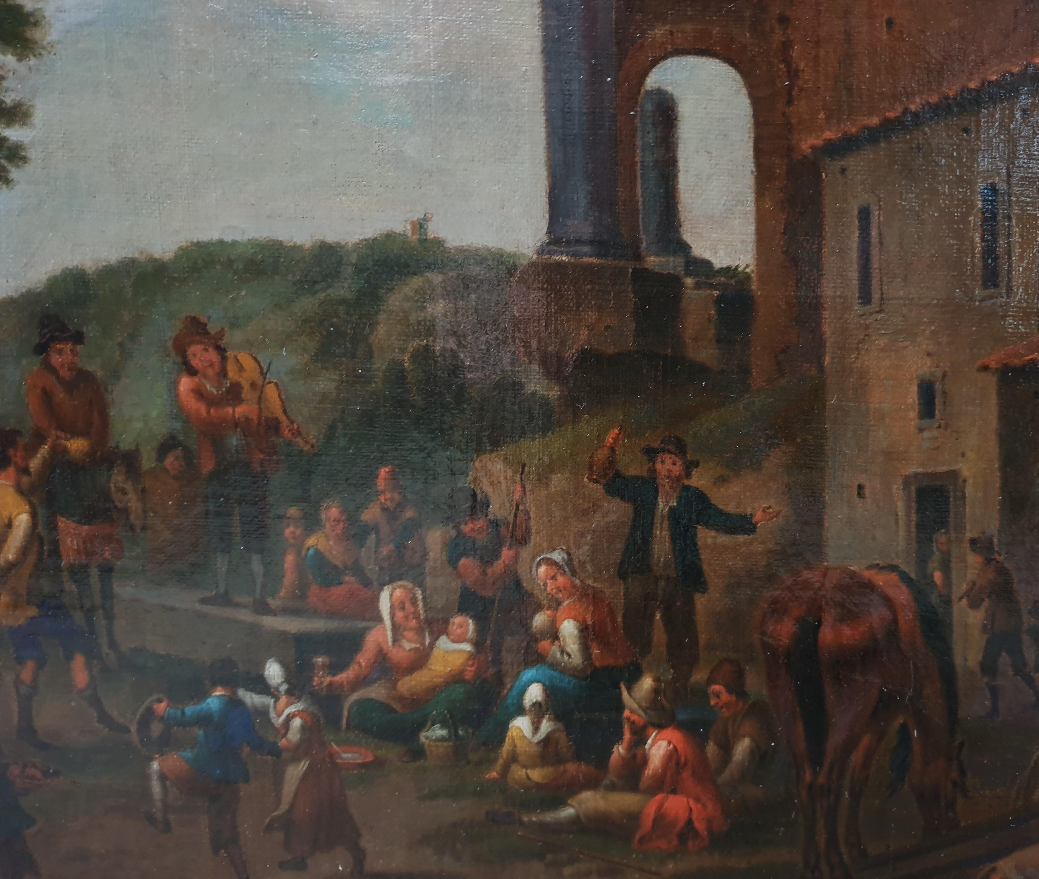 Dutch genre painting  18th JANSON Oil on canvas Village fair peasants Kermesse  For Sale 3