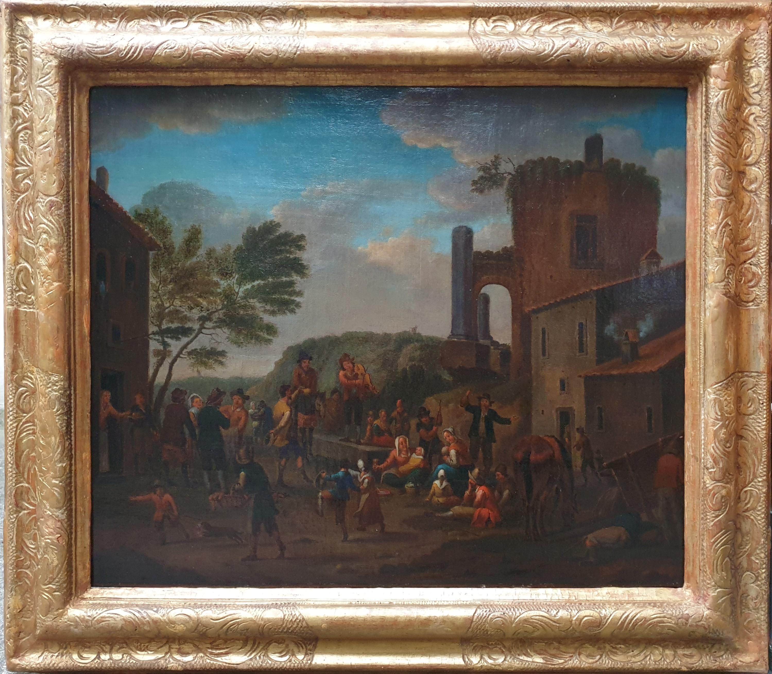 Johannes JANSON Landscape Painting - Dutch genre painting  18th JANSON Oil on canvas Village fair peasants Kermesse 