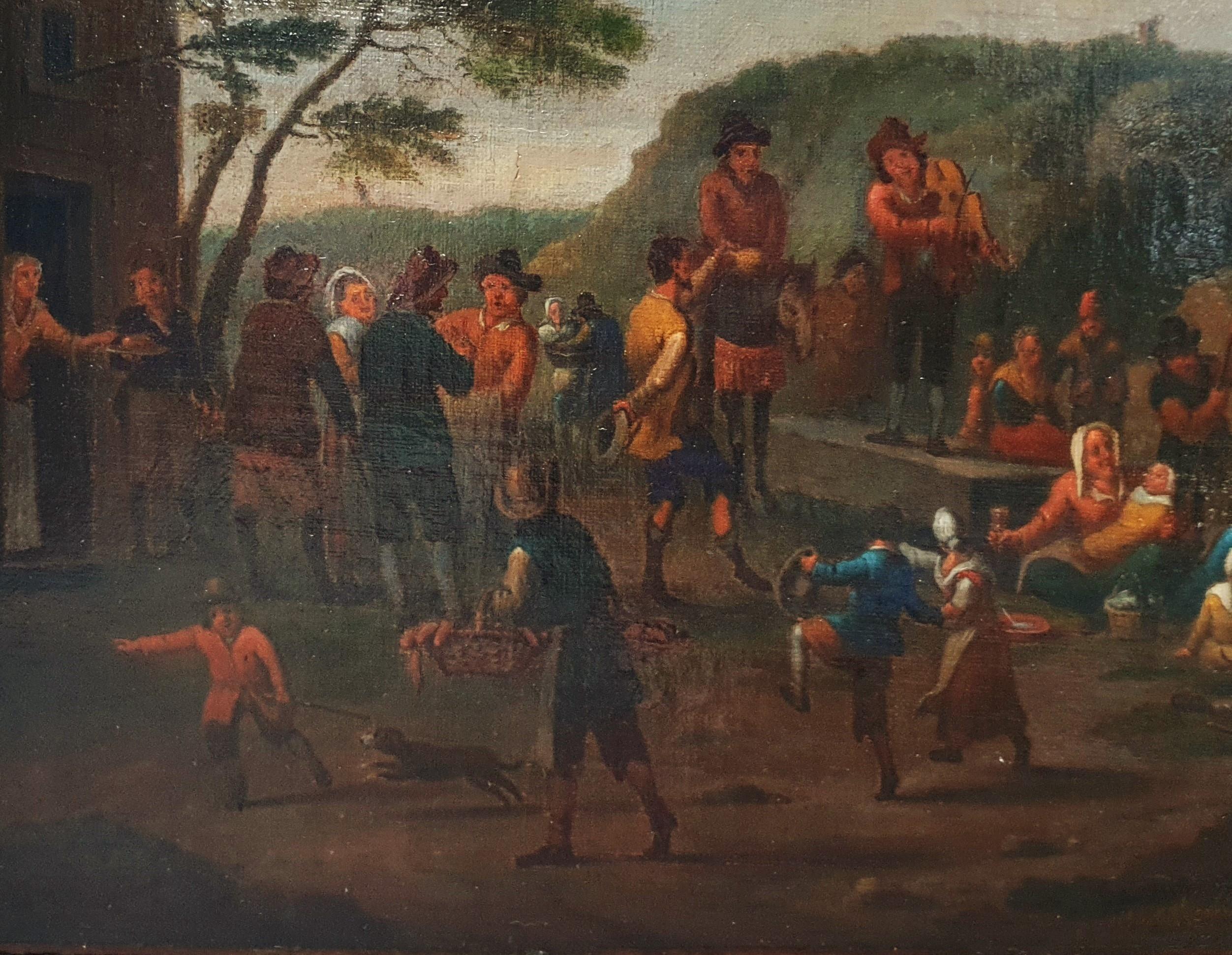 Pintura de género holandesa  18º JANSON Óleo sobre lienzo Feria del pueblo campesinos Kermesse - Painting Escuela holandesa de Johannes JANSON