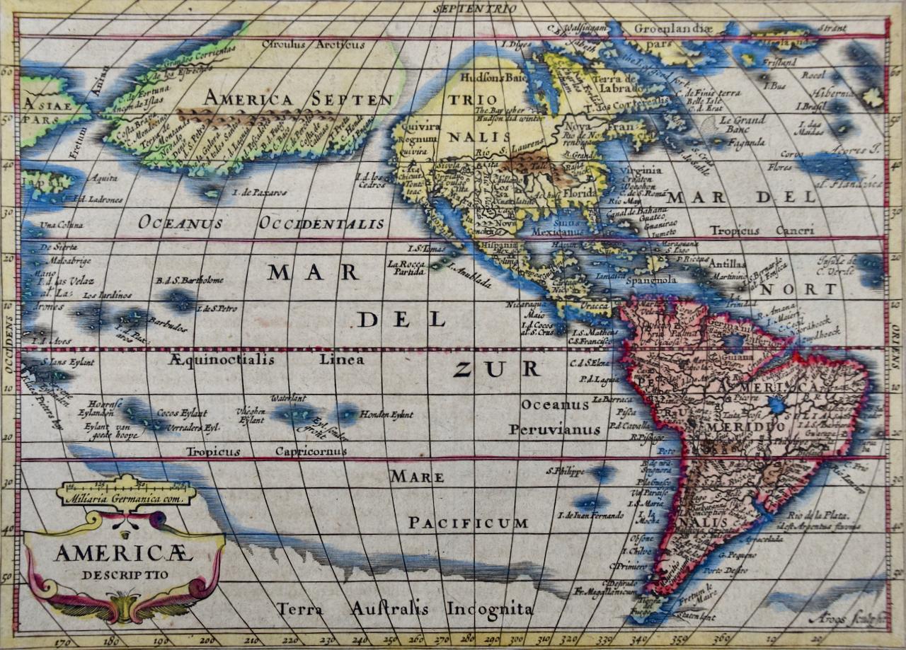 Amérique du Nord et du Sud : Une carte du 17e siècle colorée à la main par Jansson & Goos - Print de Johannes Jansson