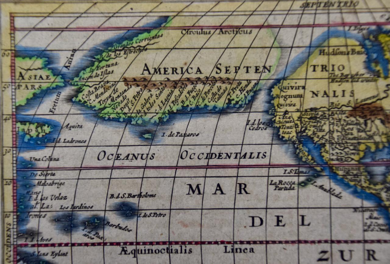 Amérique du Nord et du Sud : Une carte du 17e siècle colorée à la main par Jansson & Goos - Gris Landscape Print par Johannes Jansson