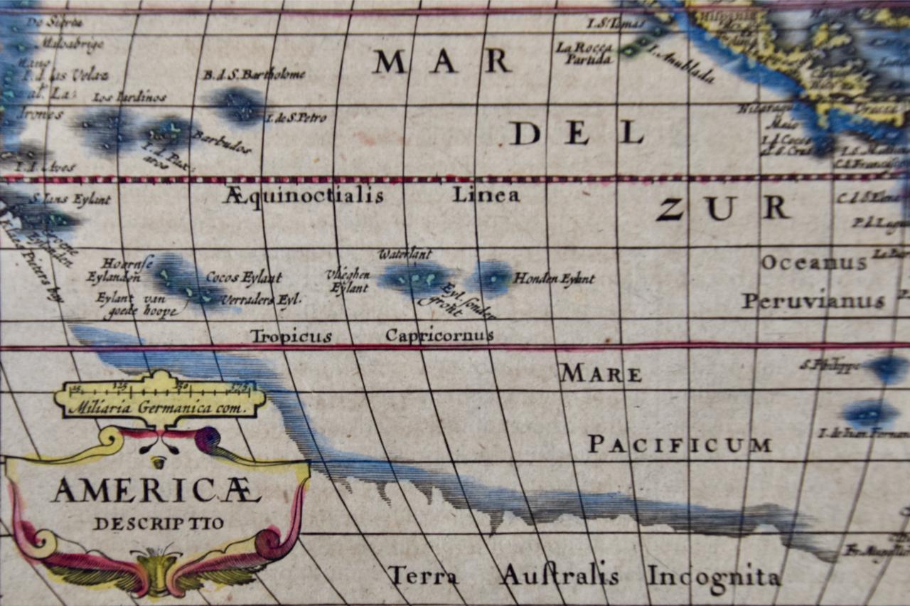 Amérique du Nord et du Sud : Une carte du 17e siècle colorée à la main par Jansson & Goos en vente 2