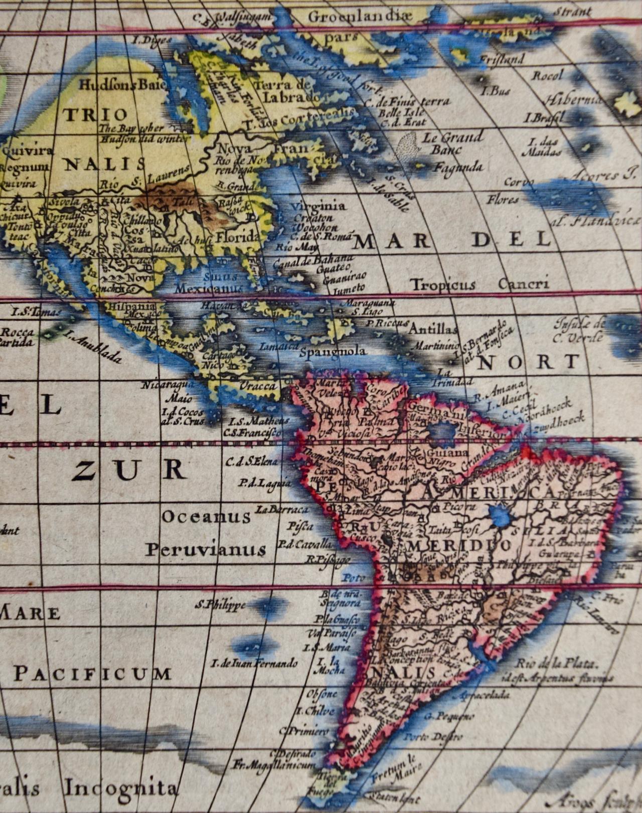 Amérique du Nord et du Sud : Une carte du 17e siècle colorée à la main par Jansson & Goos en vente 3