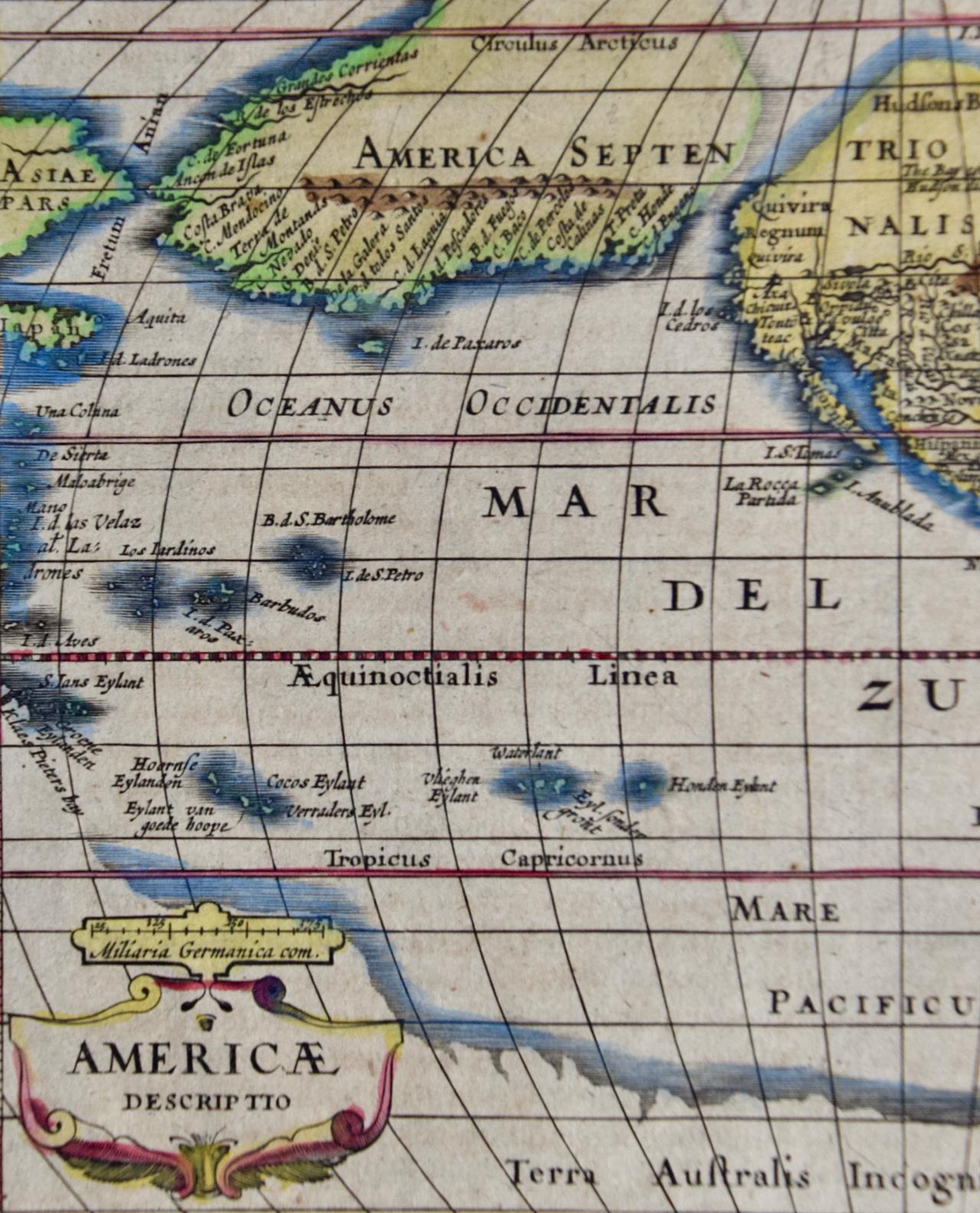 Amérique du Nord et du Sud : Une carte du 17e siècle colorée à la main par Jansson & Goos en vente 4
