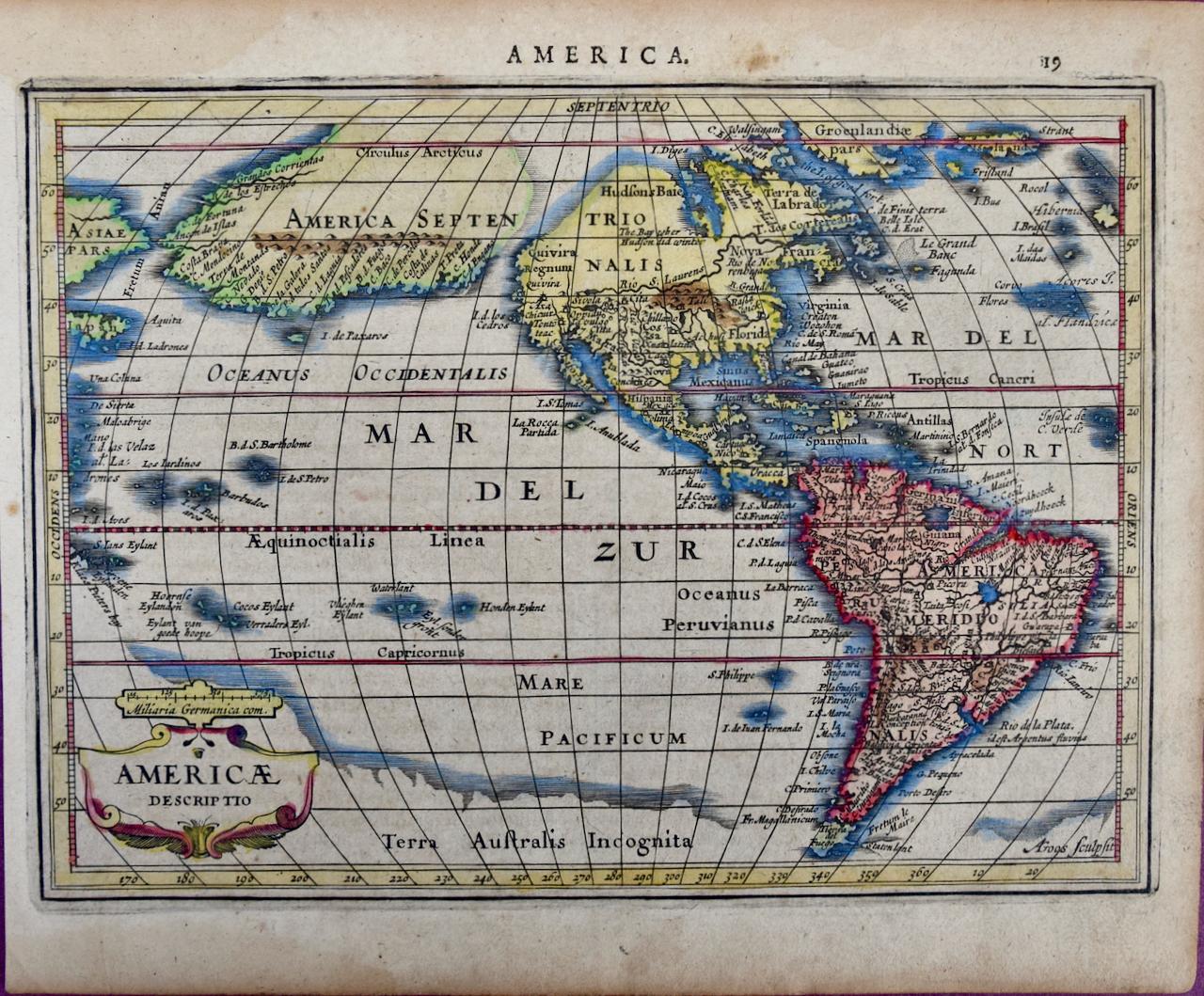 Landscape Print Johannes Jansson - Amérique du Nord et du Sud : Une carte du 17e siècle colorée à la main par Jansson & Goos