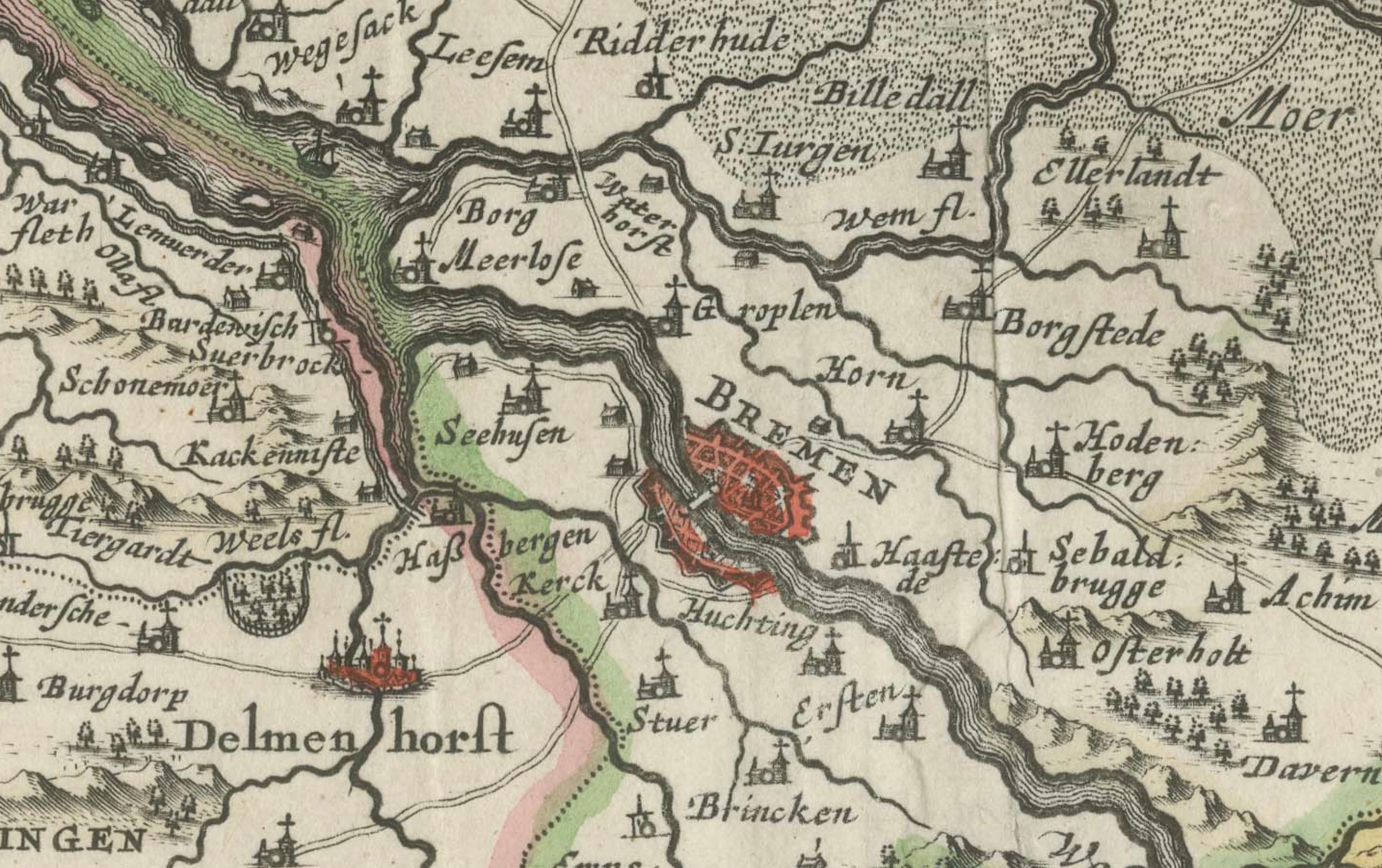 Engraved Johannes Janssonius' 17th-Century Map of the Duchy of Bremen in Germany For Sale