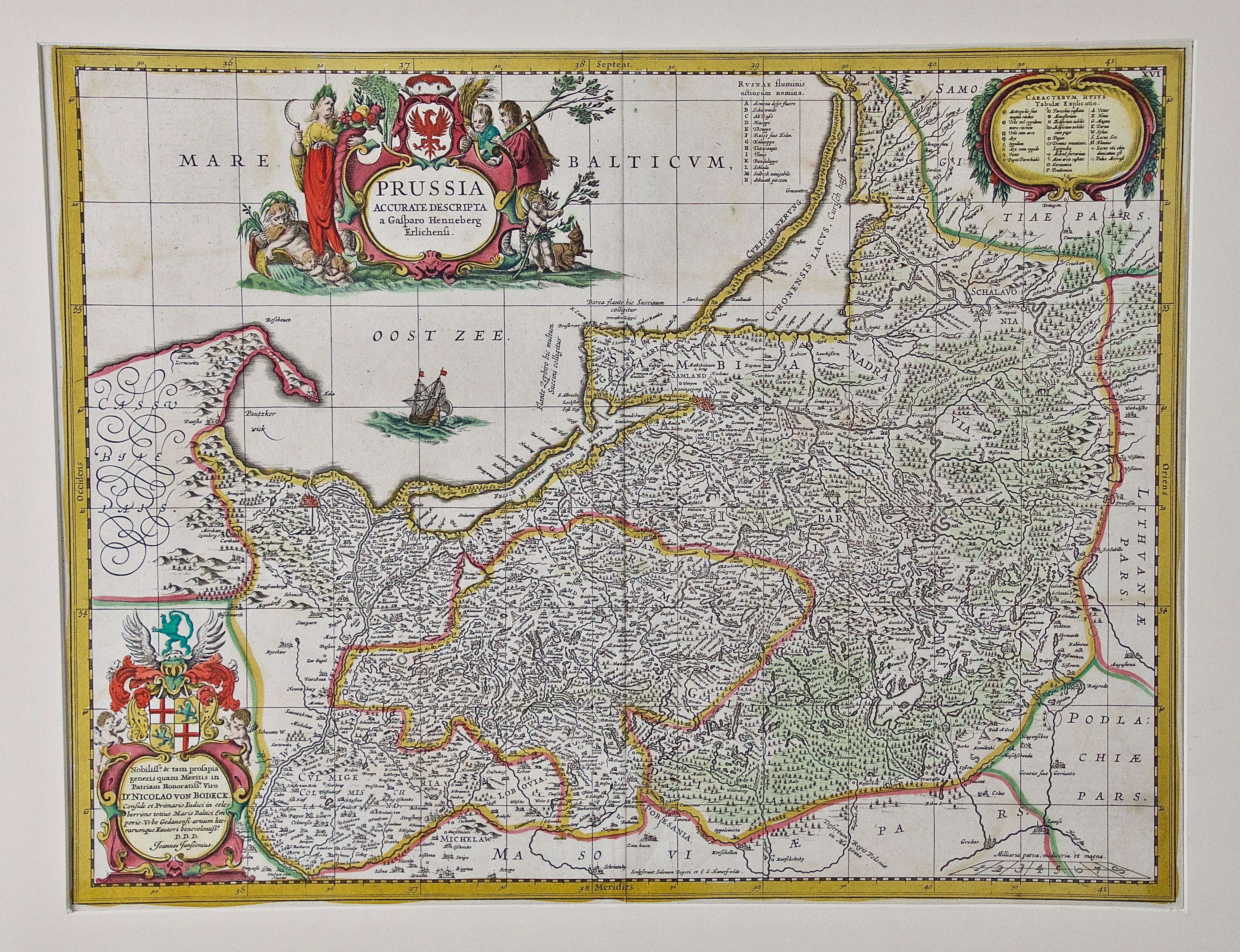 Johannes Janssonius Landscape Print - A Hand Colored 17th Century Janssonius Map of Prussia: Poland, N. Germany, etc. 