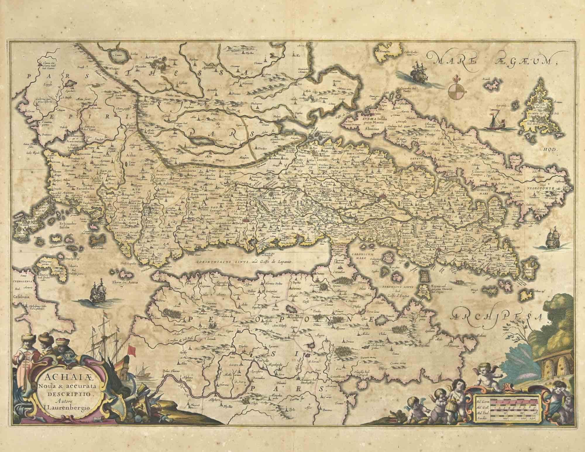 Achaiae Noua is an ancient map realized in 1650 by Johannes Janssonius (1588-1664).

Good conditions.

From Atlantis majoris quinta pars, Orbem maritimum [Novus Atlas, volume V: carte marittime]. Amsterdam: Janssonius, 1650. Technique is etching and