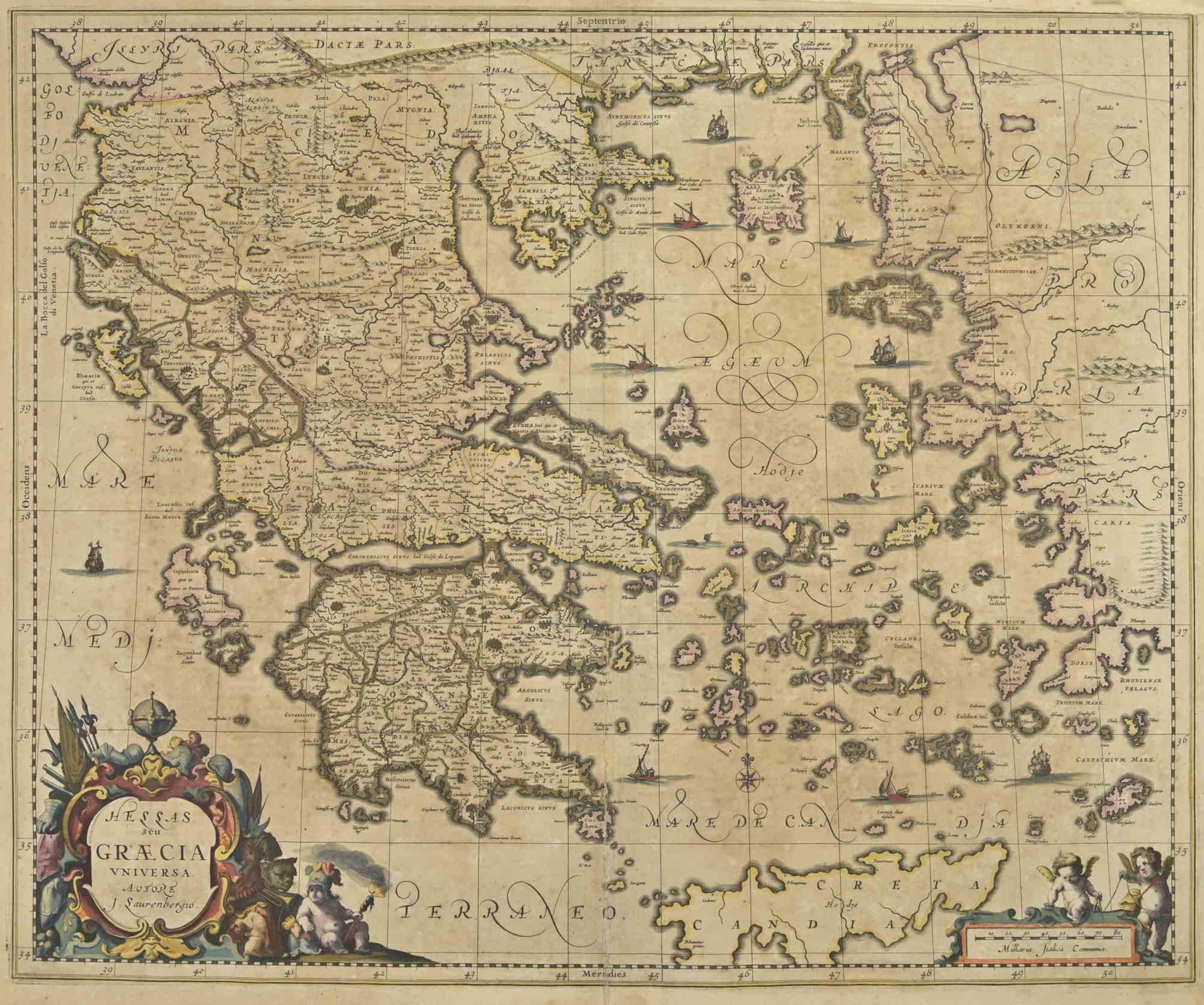 Antique Map of Greece  - Graecia Vniversa is an antique map realized in 1650 by Johannes Janssonius (1588-1664).

The Map is Hand-colored etching, with coeval watercoloring.

Good conditions with slight foxing.

From Atlantis majoris quinta pars,
