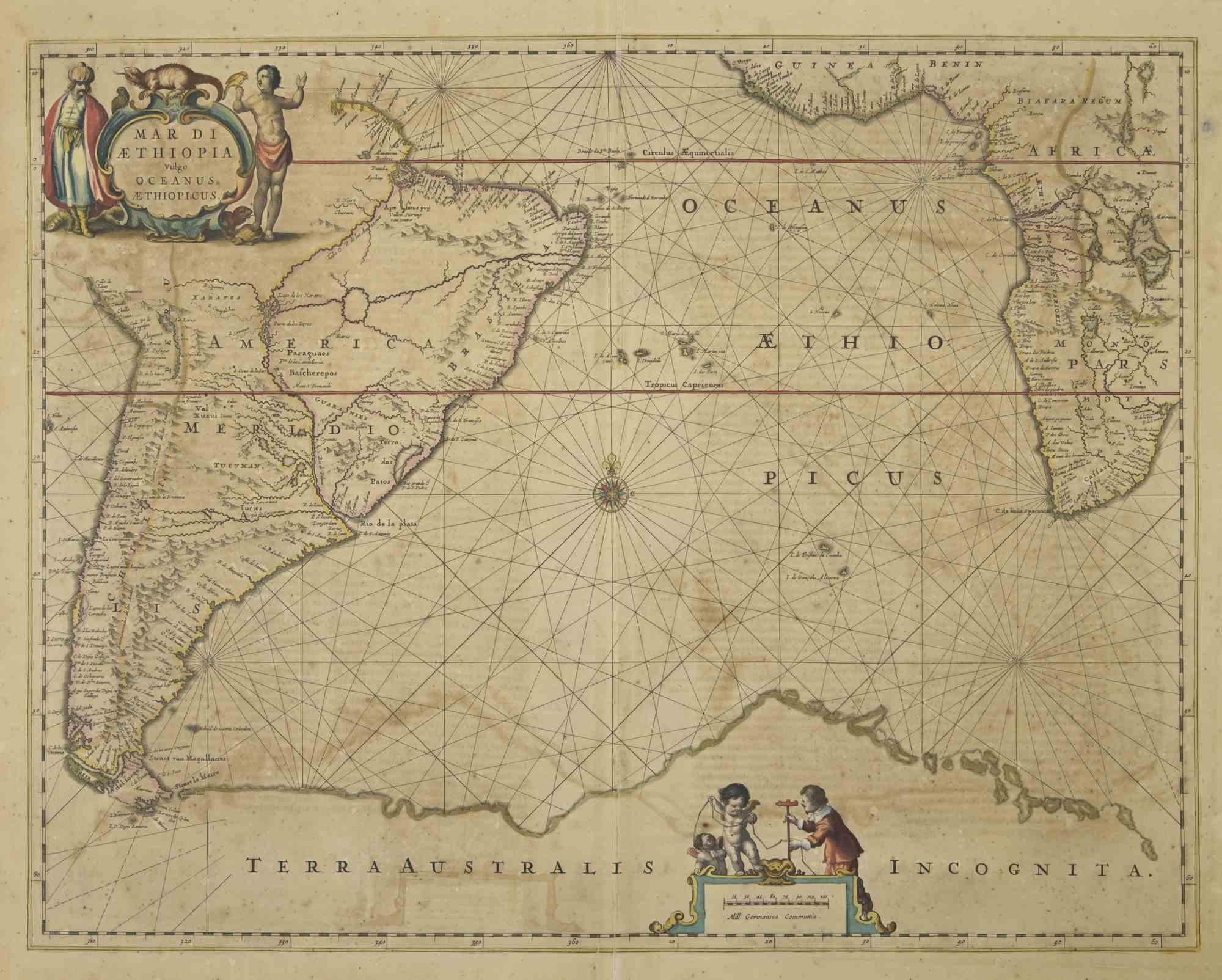 Antique Map - Mar Di Athiopia is an antique map realized in 1650 by Johannes Janssonius (1588-1664).

The Map is Hand-colored etching, with coeval watercolorang.

Good conditions with slight foxing.

From Atlantis majoris quinta pars, Orbem