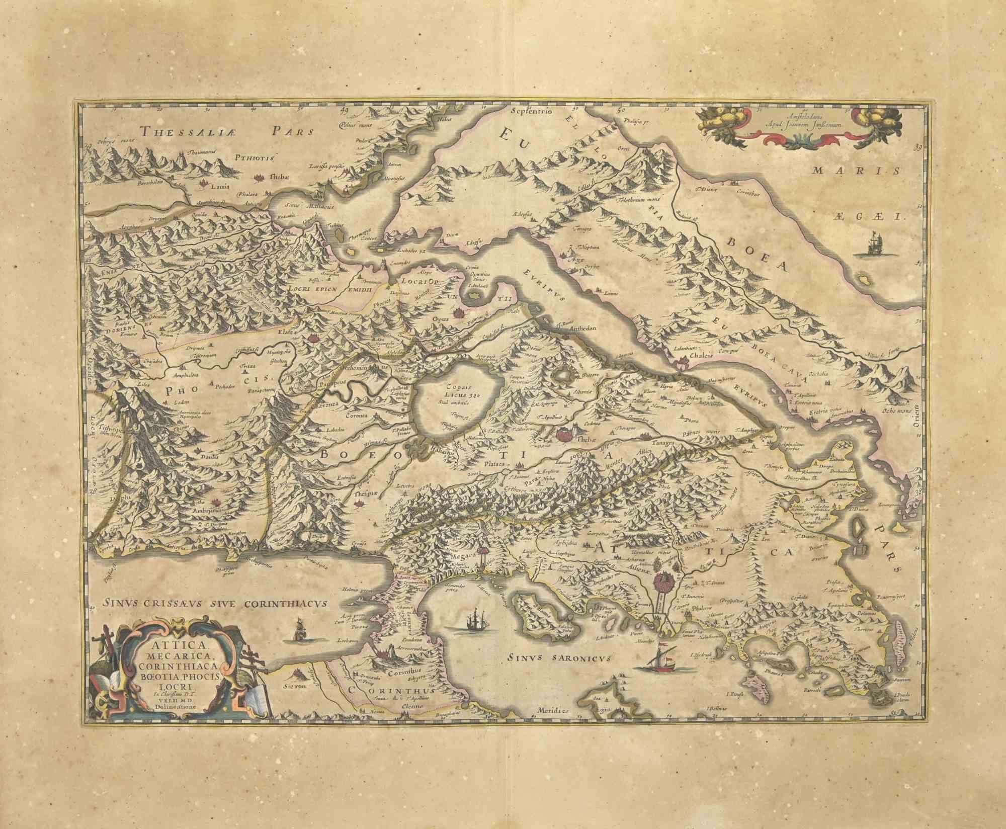 Antique Map - Attica is an antique map realized in 1650 by Johannes Janssonius (1588-1664).

The Map is Hand-colored etching, with coeval watercoloring.

Good conditions with slight foxing.

From Atlantis majoris quinta pars, Orbem maritimum [Novus