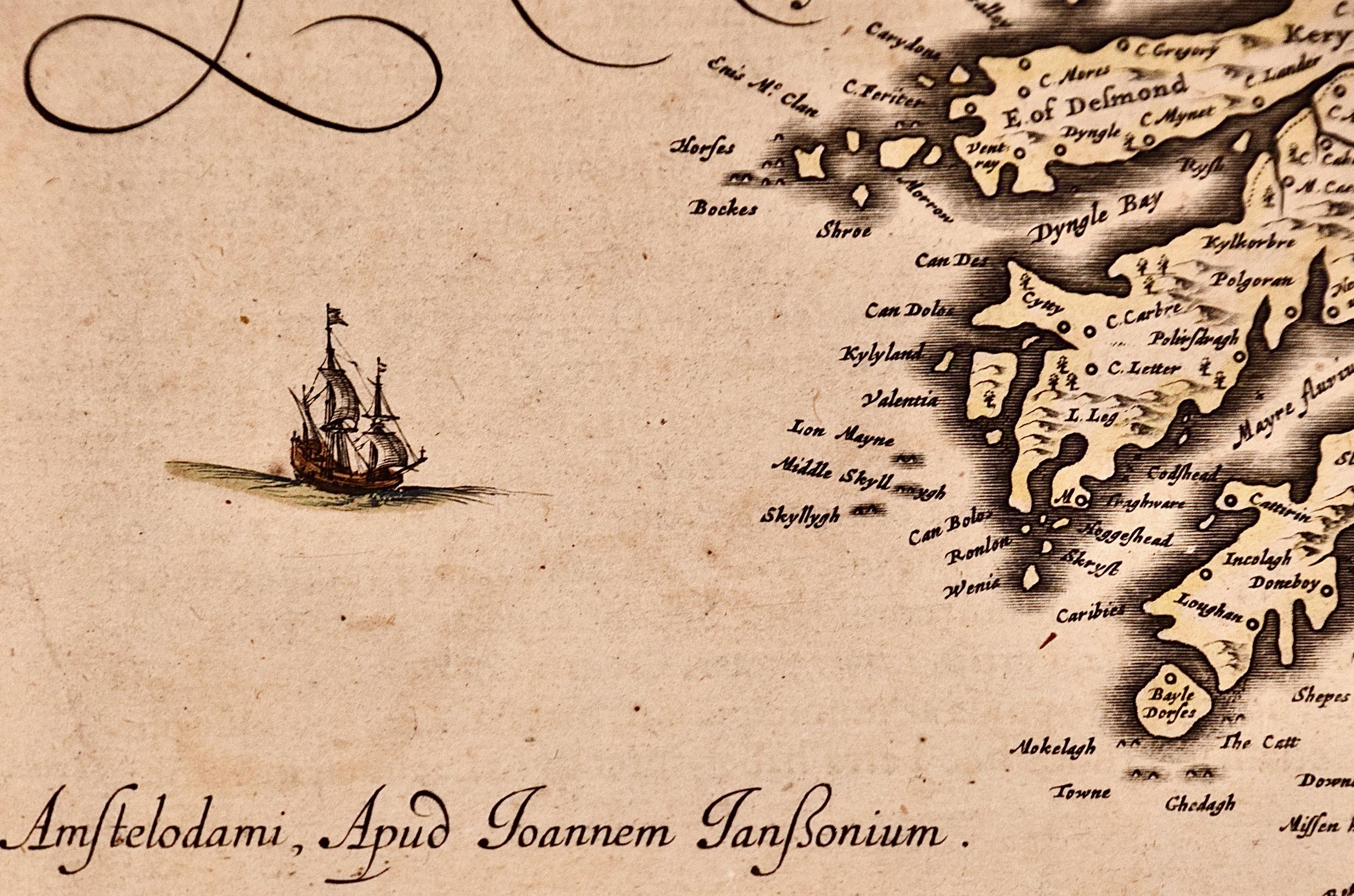 Irlande : Carte encadrée du 17ème siècle colorée à la main par Jannson en vente 1