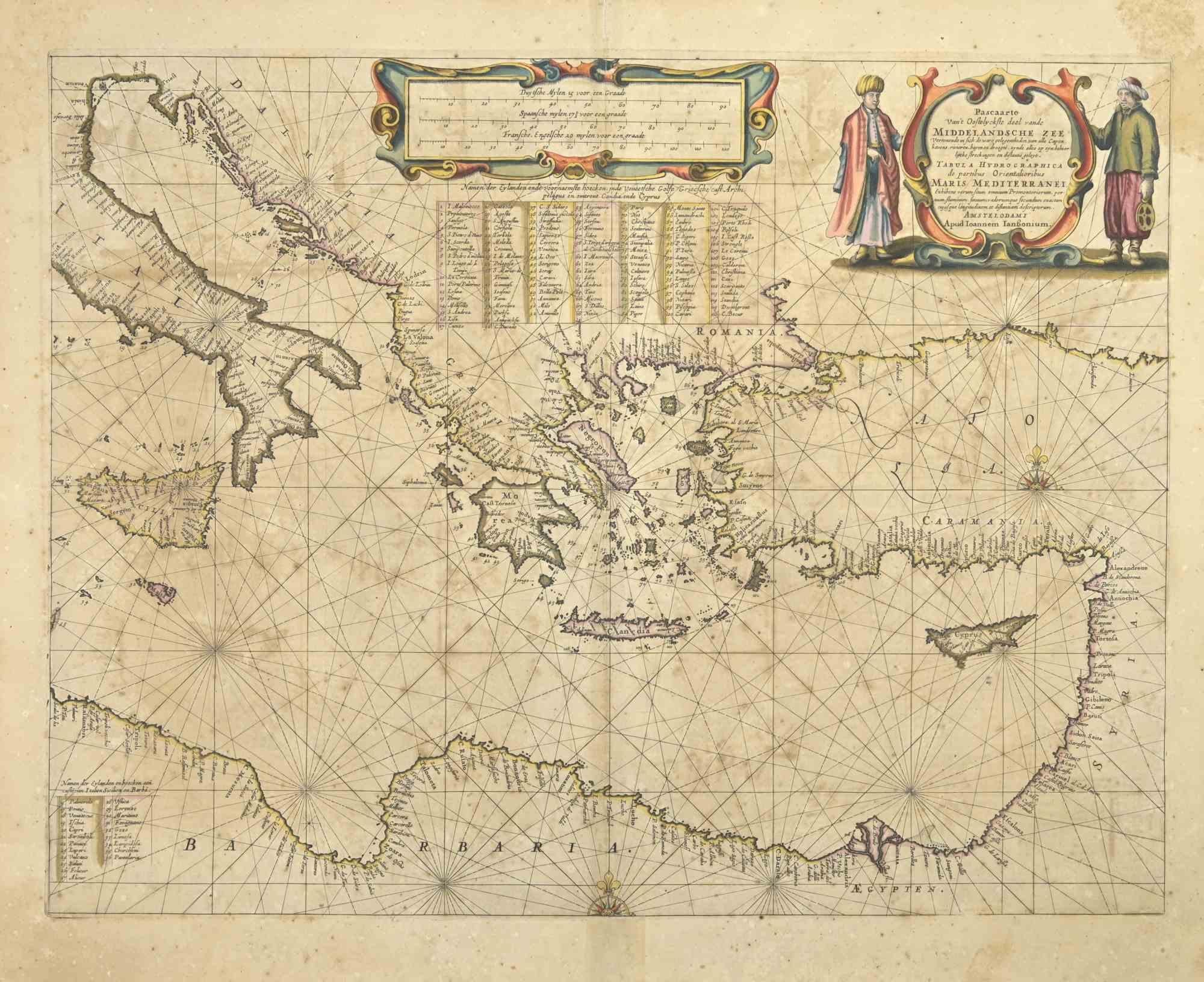Maris Mediterranei is an ancient map realized in 1650 by Johannes Janssonius (1588-1664).

The Map is Hand-colored etching, with coeval watercoloring.

Good conditions with slight foxing.

From Atlantis majoris quinta pars, Orbem maritimum [Novus