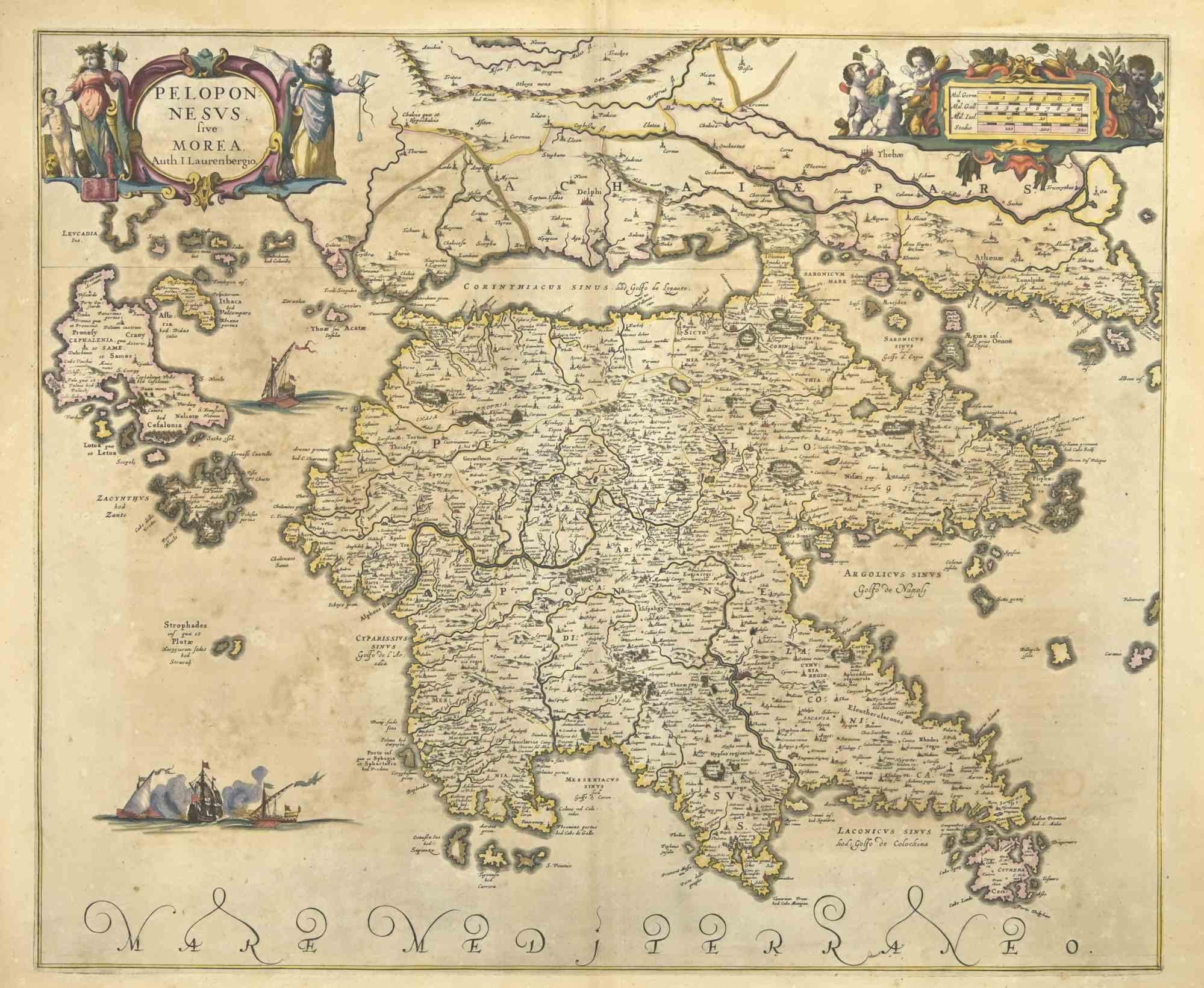 Peloponnesvs est une carte ancienne réalisée en 1650 par Johannes Janssonius (1588-1664).

La carte est une gravure à l'eau-forte coloriée à la main, avec aquarelle au même moment.

Bon état avec de légères rousseurs.

De Atlantis majoris quinta