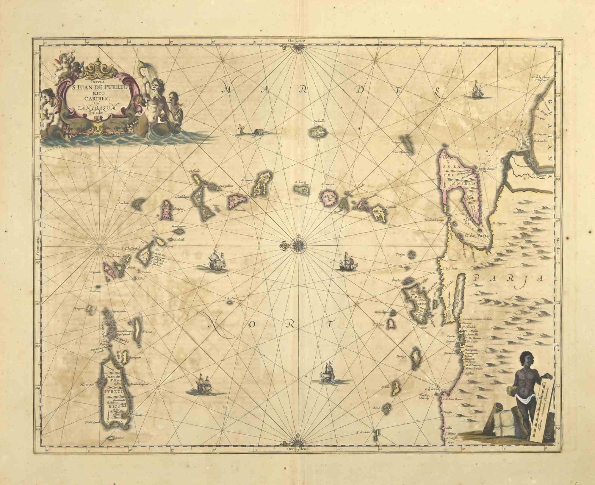 S.Juan de Puerto Rico is an ancient map realized in 1650 by Johannes Janssonius (1588-1664).

Good conditions.

From Atlantis majoris quinta pars, Orbem maritimum [Novus Atlas, volume V: carte marittime]. Amsterdam: Janssonius, 1650. Technique is