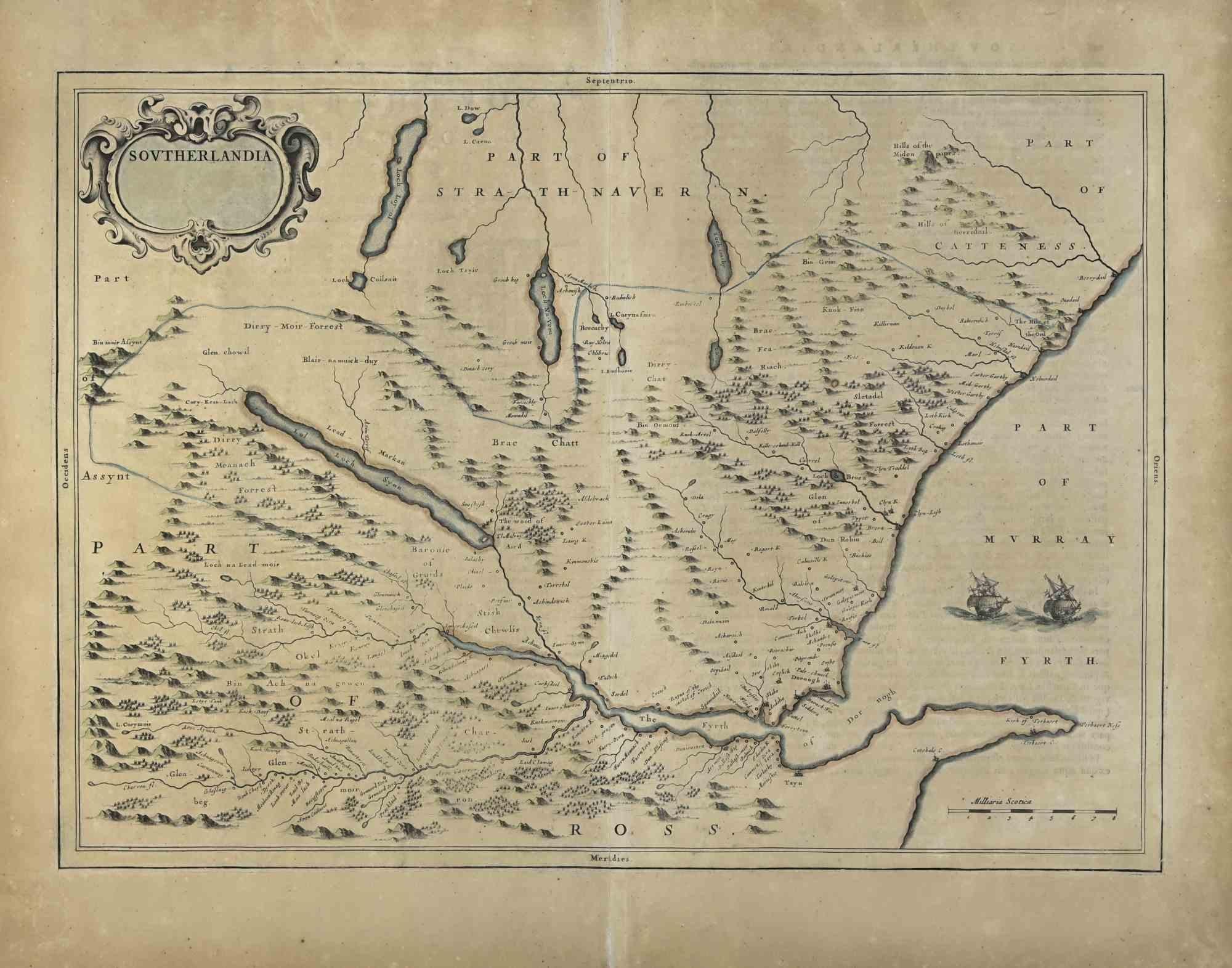 La carte de Southerlandia est une carte ancienne réalisée en 1650 par Johannes Janssonius (1588-1664).

La carte est une gravure à l'eau-forte coloriée à la main, avec aquarelle au même moment.

Bonnes conditions.

De Atlantis majoris quinta pars,