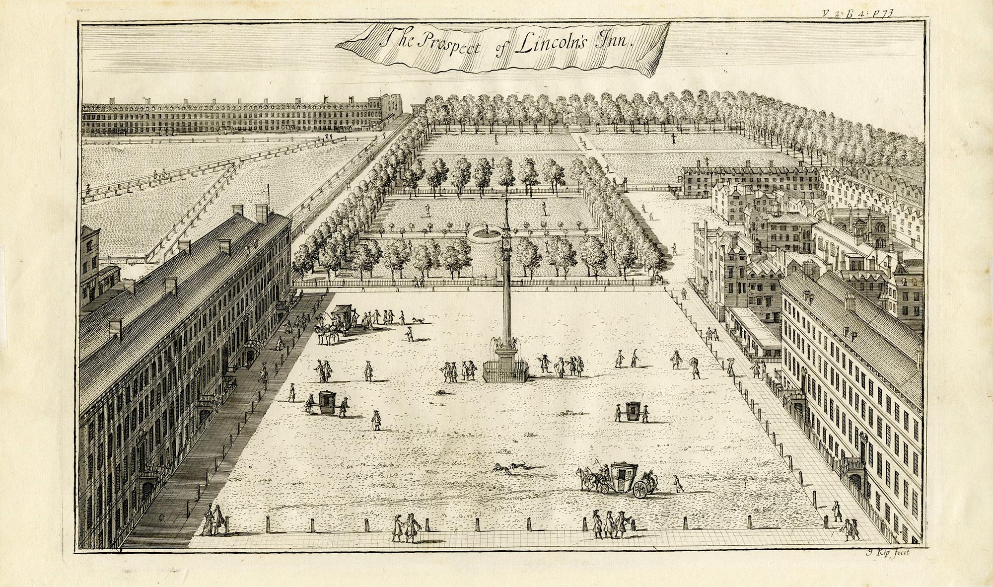Perspectiva de Lincoln's Inn; Estudio de las ciudades de Londres y Westminster - Print de Johannes Kip