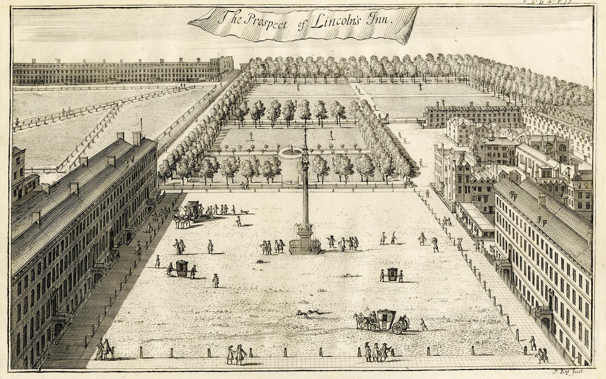 Landscape Print de Johannes Kip - Perspectiva de Lincoln's Inn; Estudio de las ciudades de Londres y Westminster