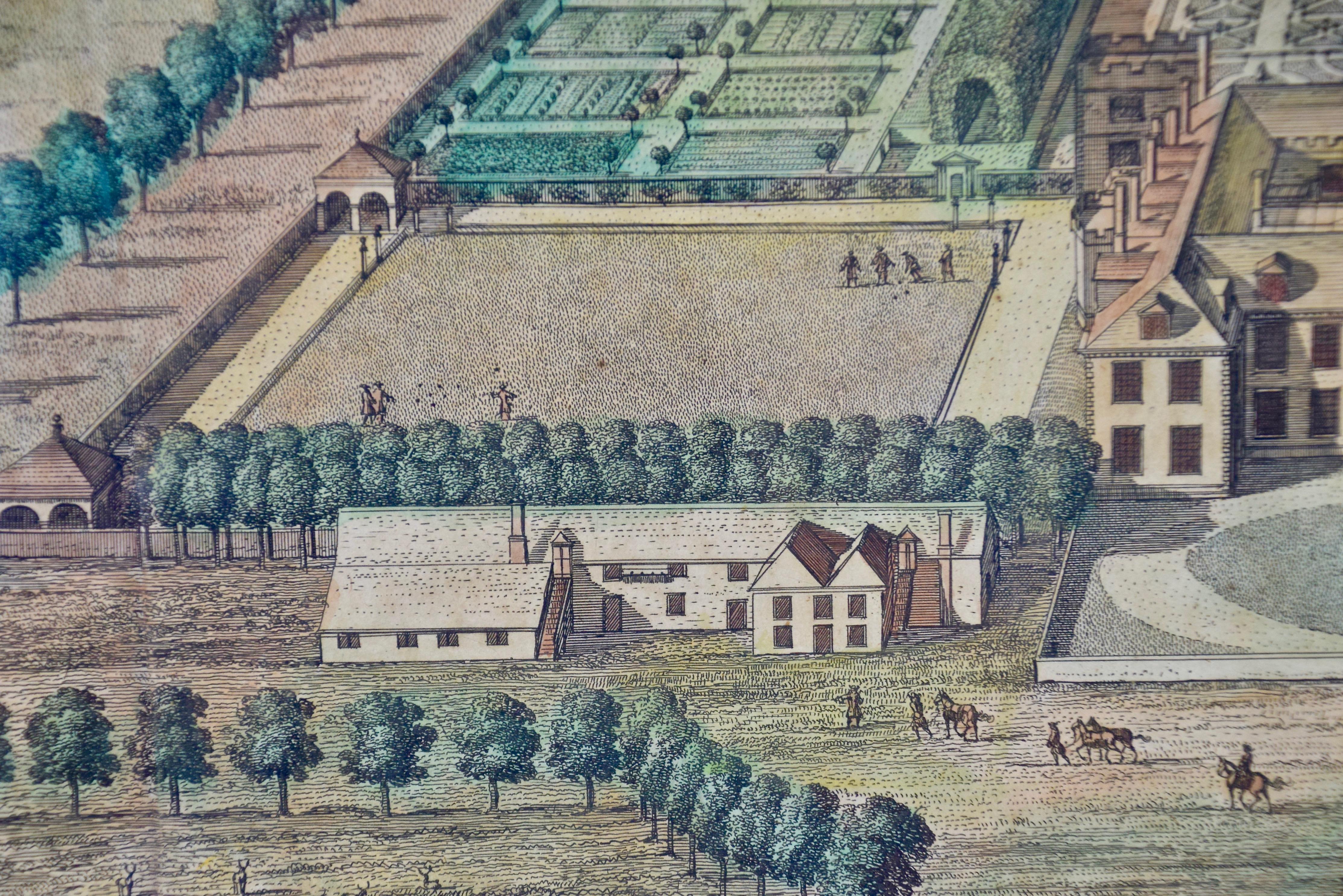 An original early 18th century hand-colored copper engraving by Johannes (Jan) Kip (1652-1722) from a drawing by Leonard Knyff (1650-1722), published by Joseph Smith in London in 1707. Kip created views of great English estates illustrating 