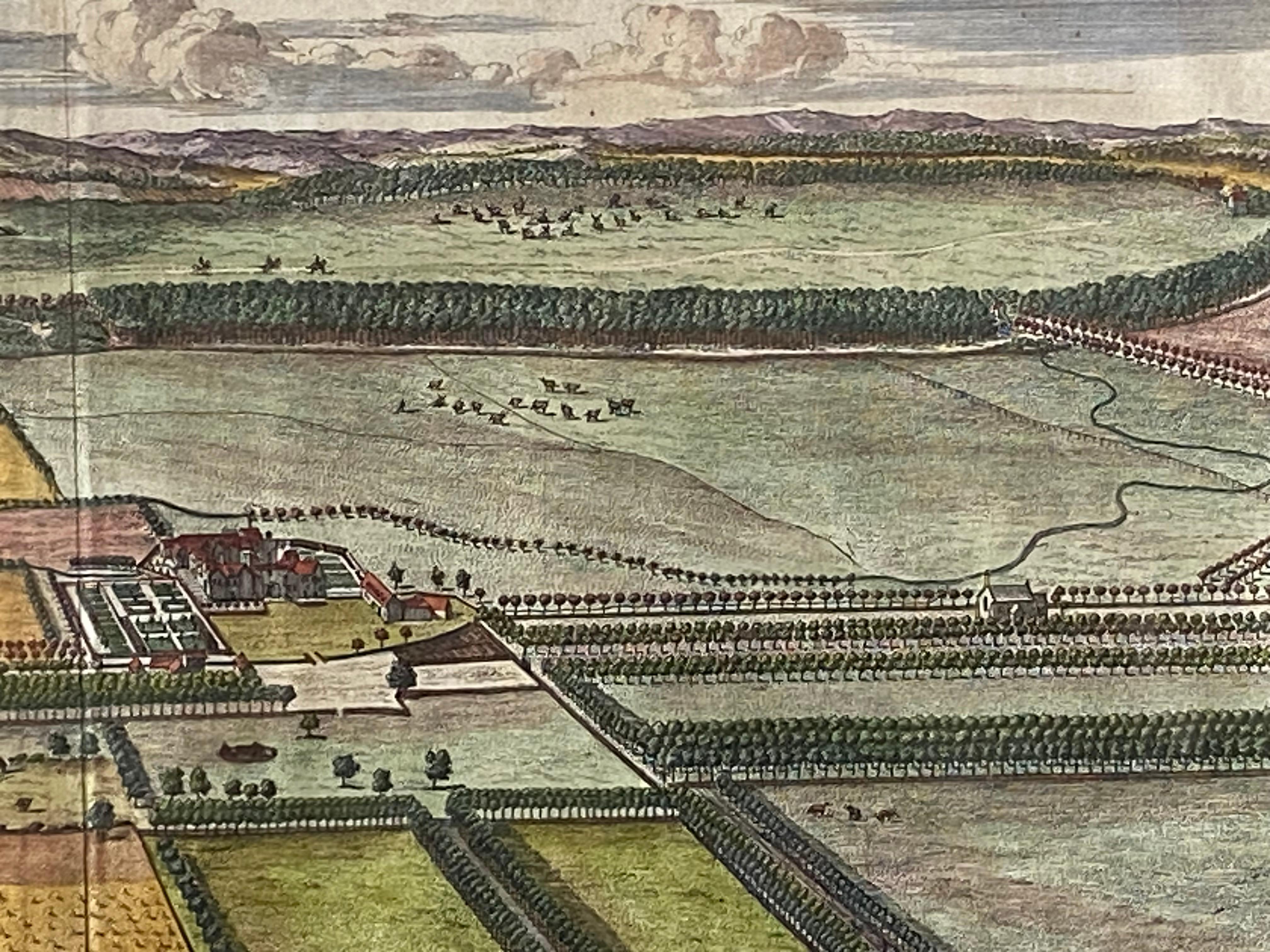 An original hand colored engraving by Johannes 'Jan' Kip (1653-1722) of Haughton in the County of Nottinghamshire, one of the seats of Prince John Duke of Newcastle, after the drawing by L. Knyff for 'Britannia Illustrata or Views of Several of the