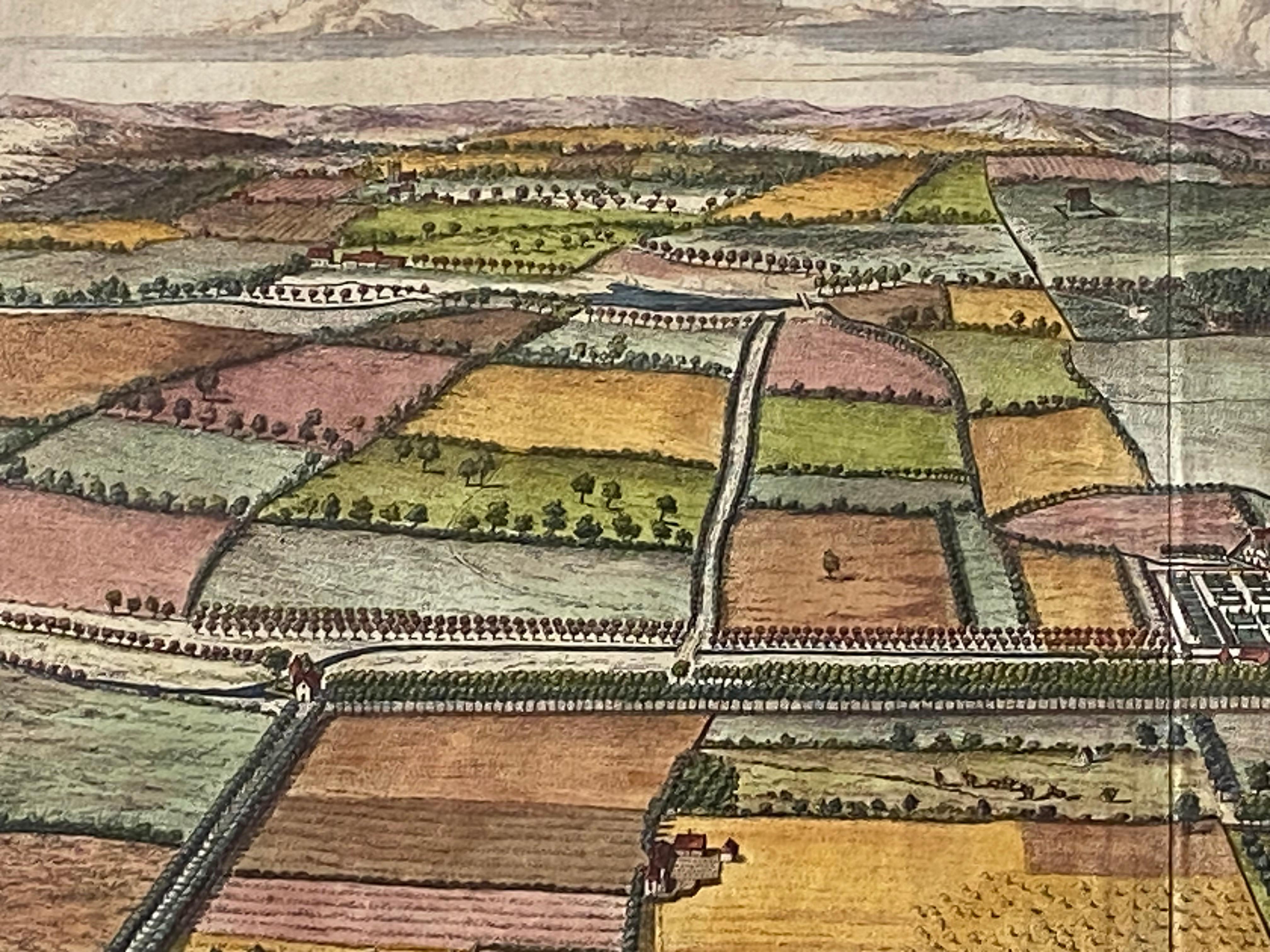 An original hand colored engraving by Johannes 'Jan' Kip (1653-1722) of Haughton in the County of Nottinghamshire, one of the seats of Prince John Duke of Newcastle, after the drawing by L. Knyff for 'Britannia Illustrata or Views of Several of the