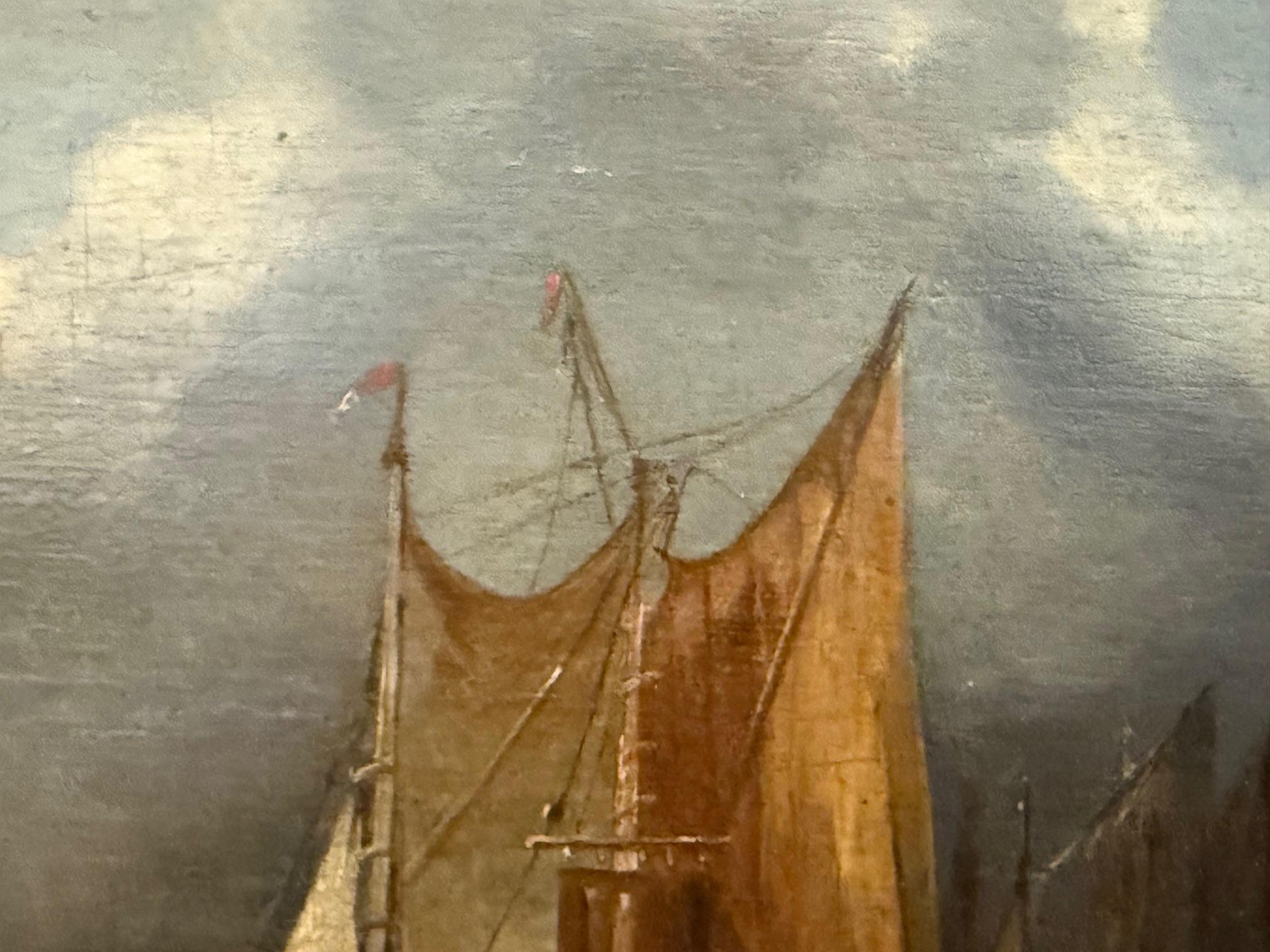 Fino cuadro marítimo envejecido de veleros en un cielo al atardecer, este óleo está pintado sobre madera vieja y gruesa y enmarcado de época. Johannes Keokkeok (1788-1852) es el padre de una familia de artistas. Su obra se centraba en escenas